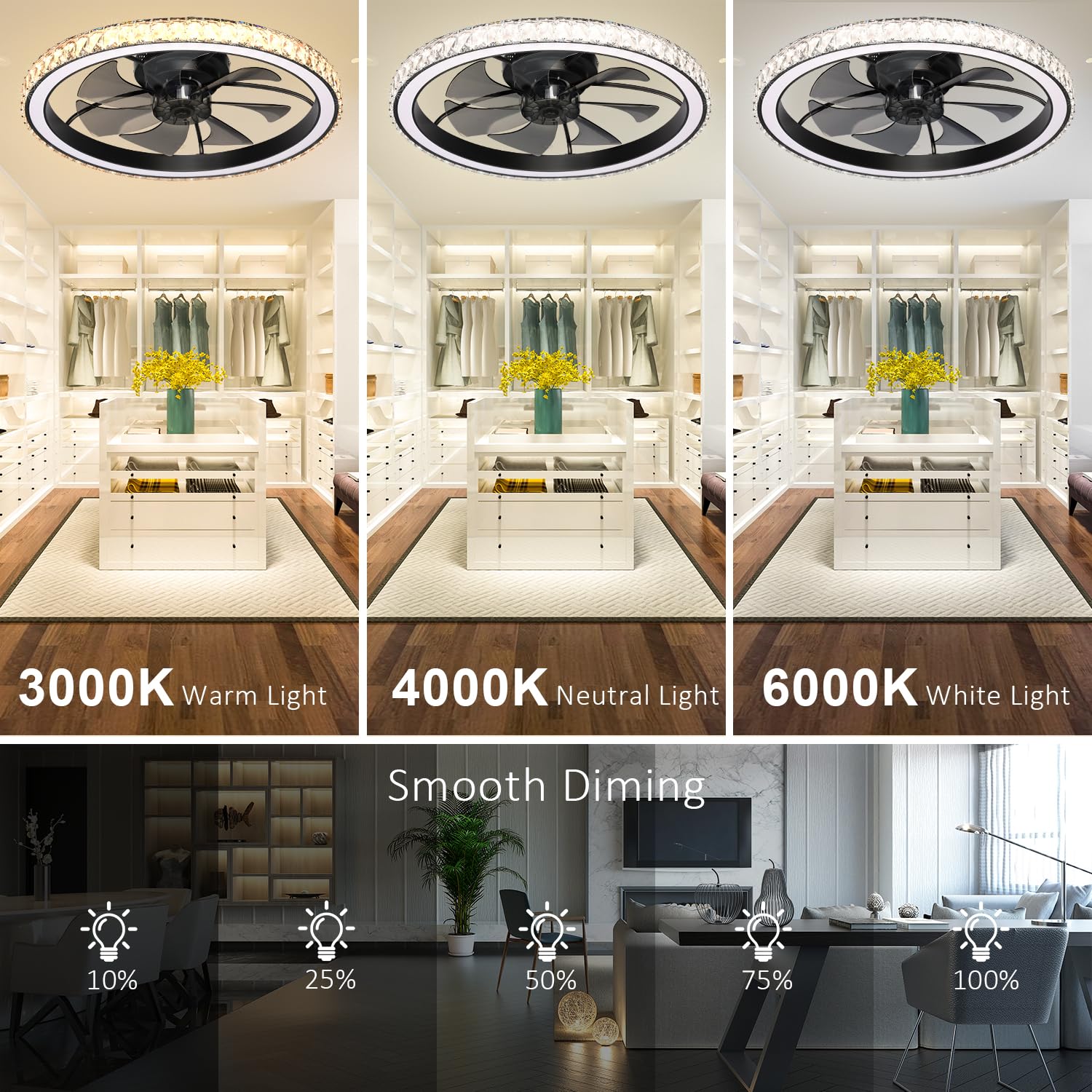 Aipsun Low Profile Modern Crystal Chandelier Ceiling Fans With Lights And Remote, 3000K-6500K Smart Bladeless Led Fan Light, 26