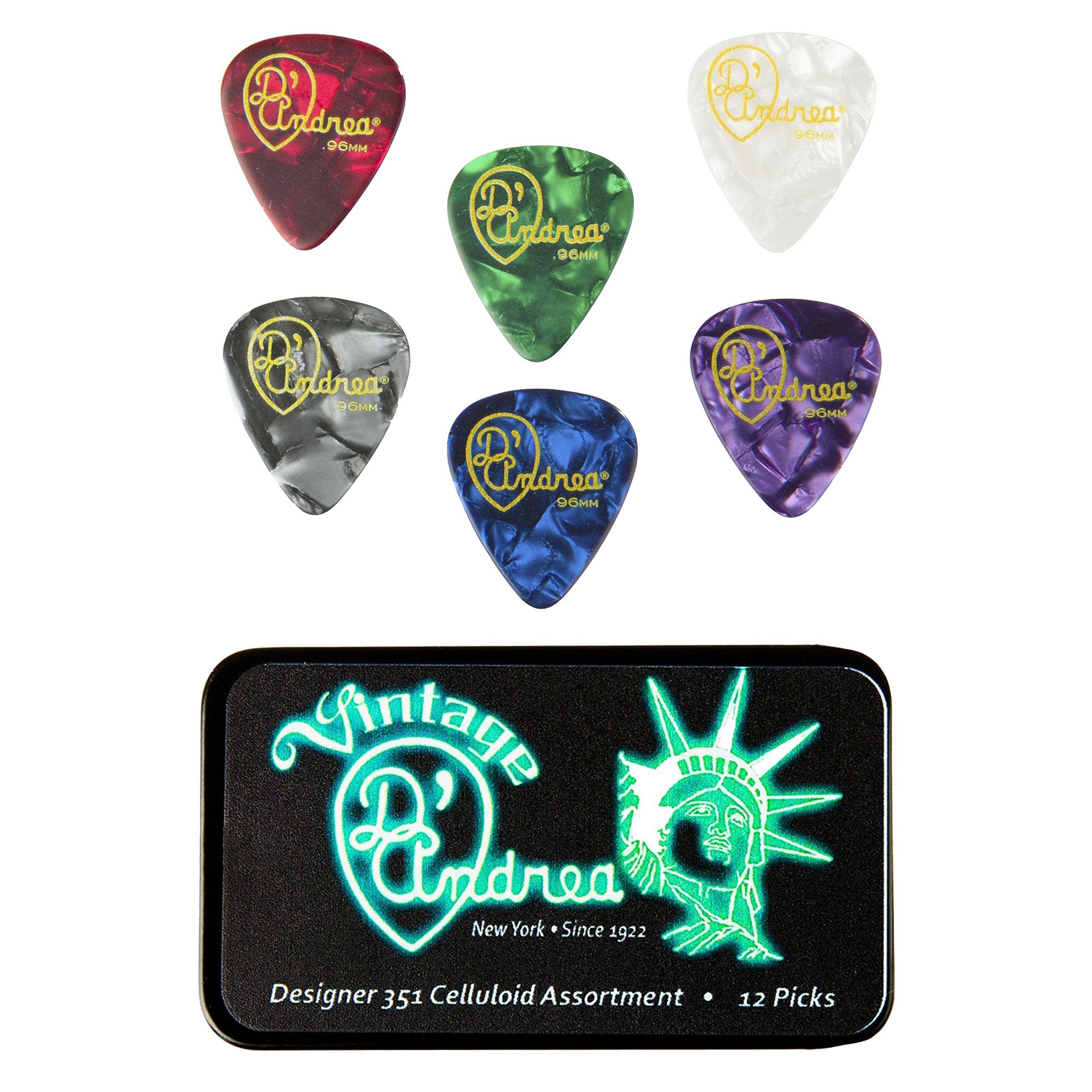 D'Andrea Tnvdt Guitar Picks, 12 Piece, Collectible Tin, Designer Pearls Assortment, Thin
