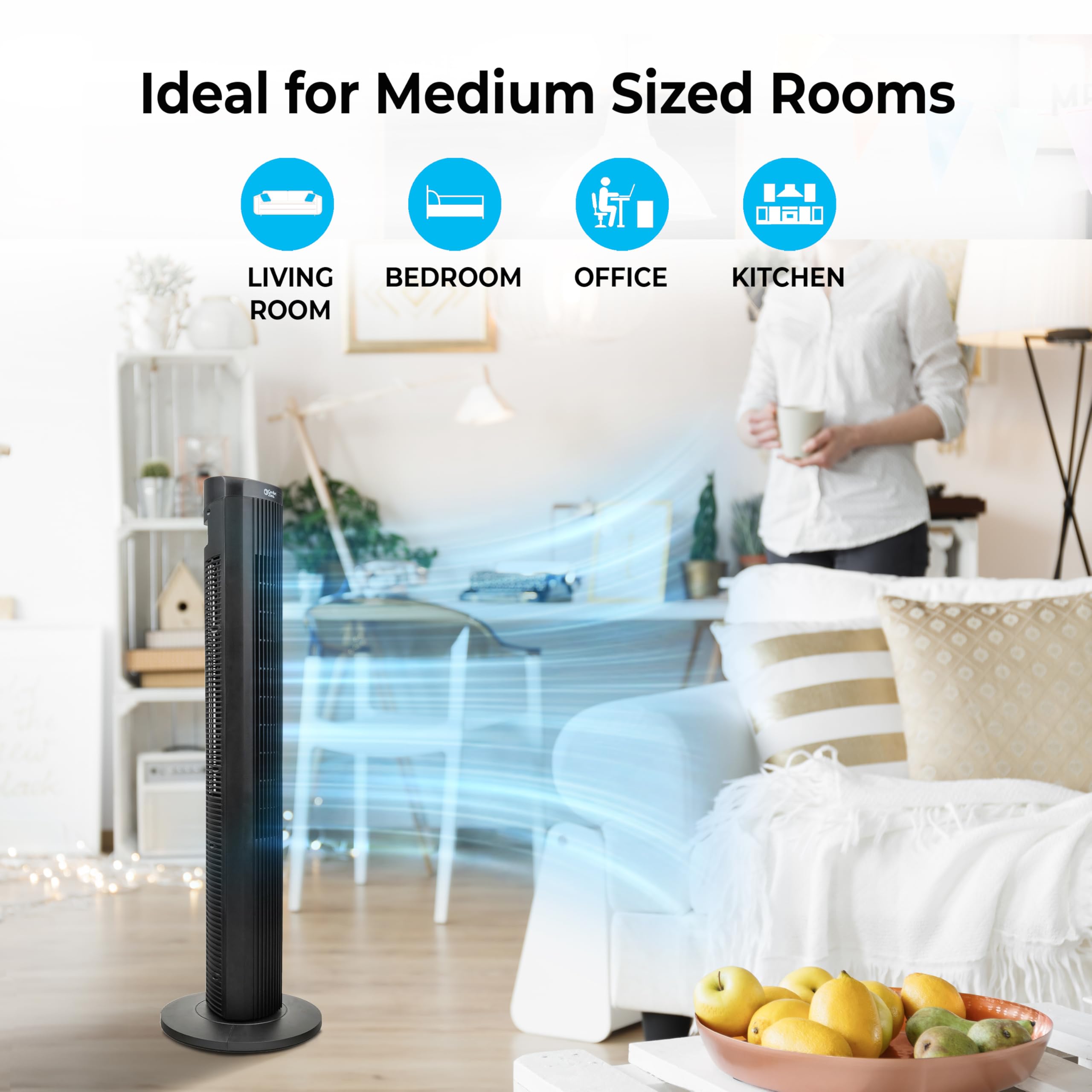 Comfort Zone Bladeless Tower Fan - 40" Oscillating Stand Fan, 3 Speeds, Remote Control, Black, Model MTBFL-40AR