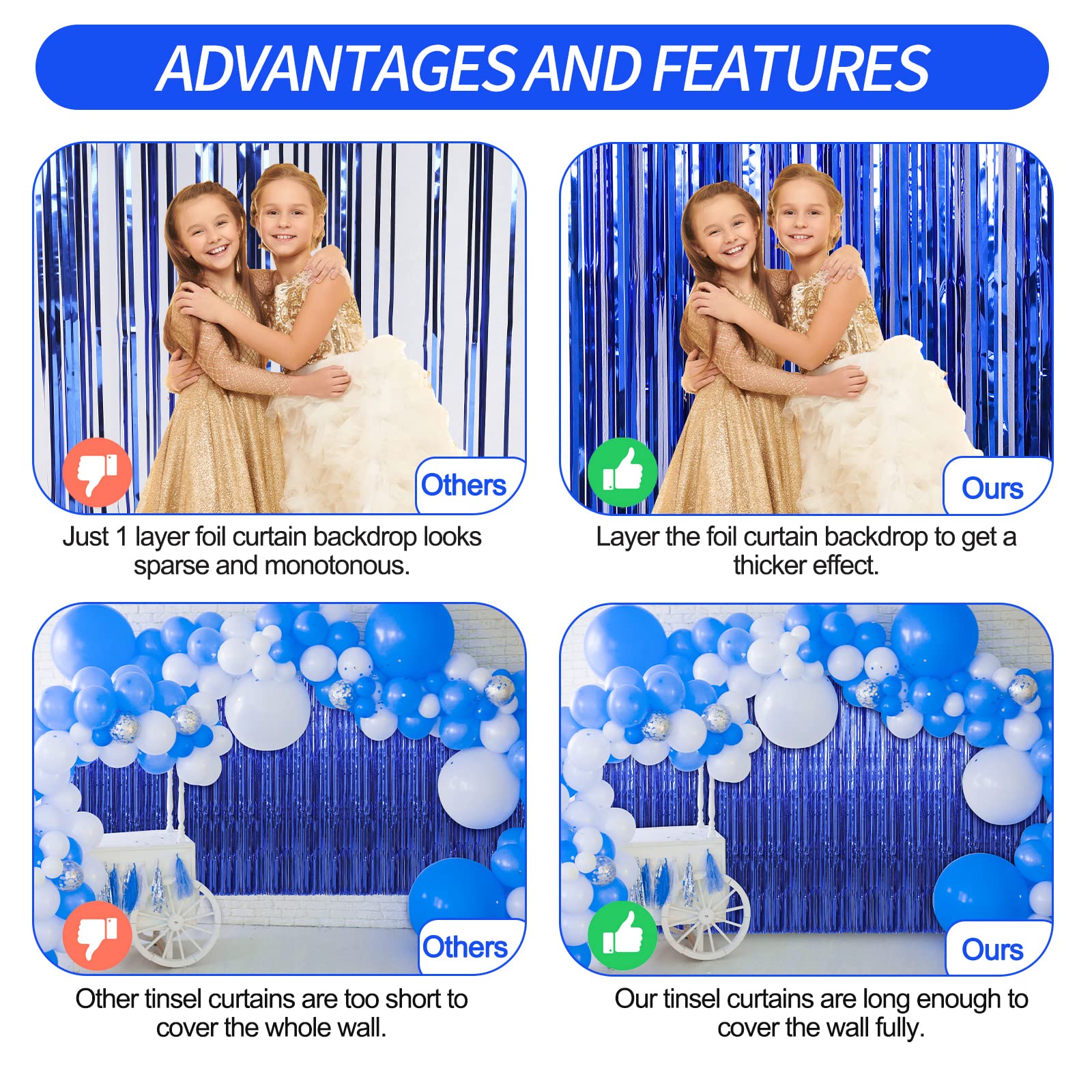 Crosize 2 Pack 3.3 X 9.9 Ft Dark Blue Foil Fringe Curtains Party Decorations, Blue Tinsel Curtain Backdrop For Parties, Door Str
