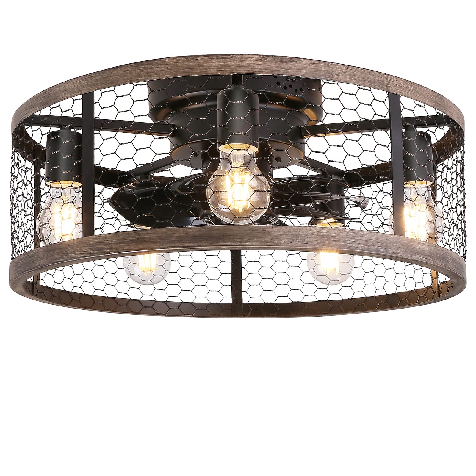 Ohniyou 20 Flush Mount Caged Ceiling Fan with Lights Remote Control, Farmhouse Rustic Low Profile Small Vintage Enclosed Ceili