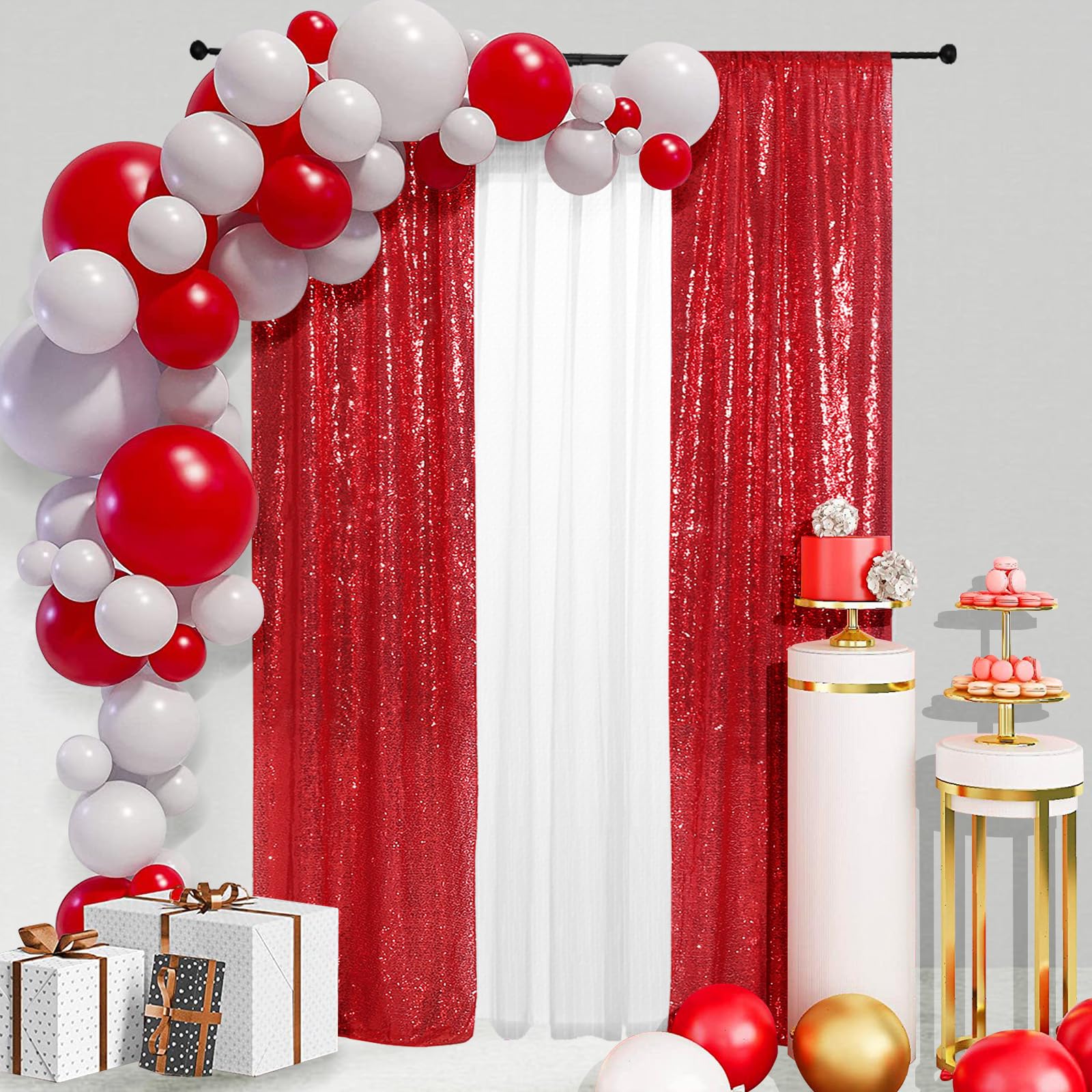 Partydelight Red 2Ft X 8Ft Sparkly Sequin Backdrop Curtains, 2 Panels, For Wedding, Party, Room Decorations