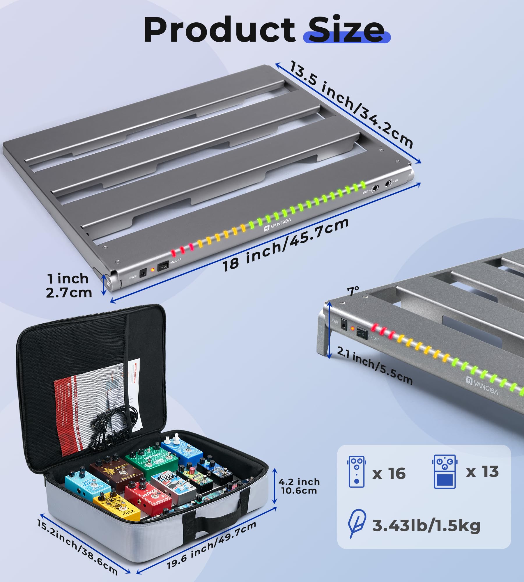 Vangoa Guitar Pedal Board With Isolated Power Supply, Pd M Aluminum One Piece Bent Portable Folding Powered Guitar Pedalboard Wi