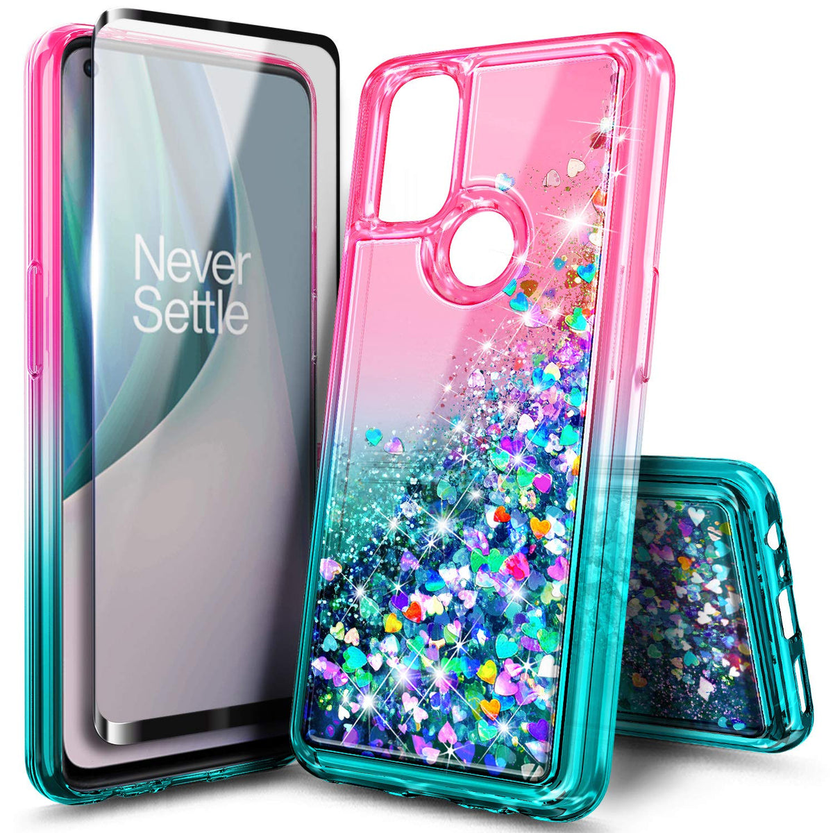 Nznd Case For Oneplus Nord N10 5G With Tempered Glass Screen Protector (Full Coverage), Sparkle Glitter Flowing Liquid Women Gir