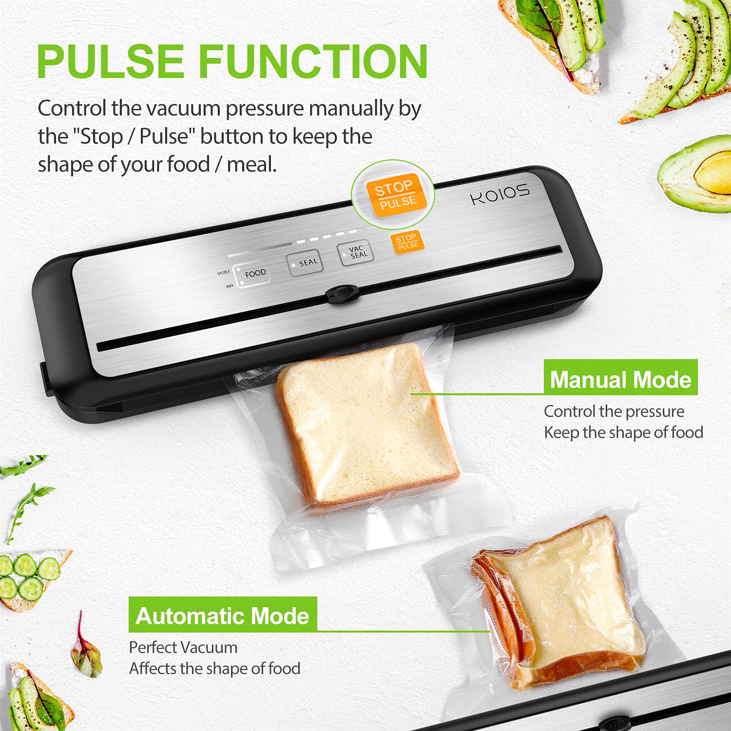 Koios Vacuum Sealer Machine, 90Kpa Automatic Food Sealer With Cutter, 8 In 1 Food Vacuum Machine, Pulse Function, Dry&Moist Mode
