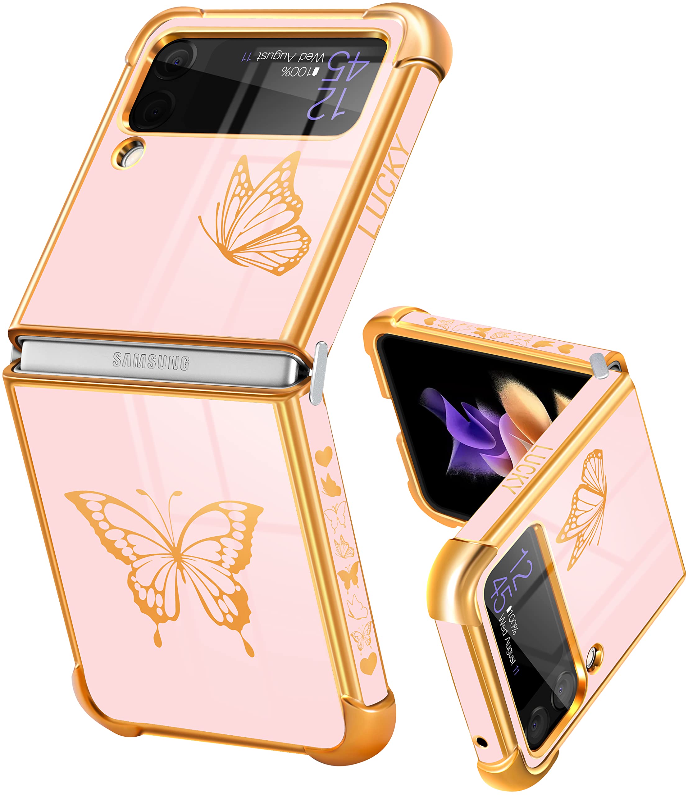 Goocrux For Samsung Galaxy Z Flip 3 Case Butterfly For Women Girls Girly Pretty Phone Cases Cute Pink And Gold Butterflies Patte
