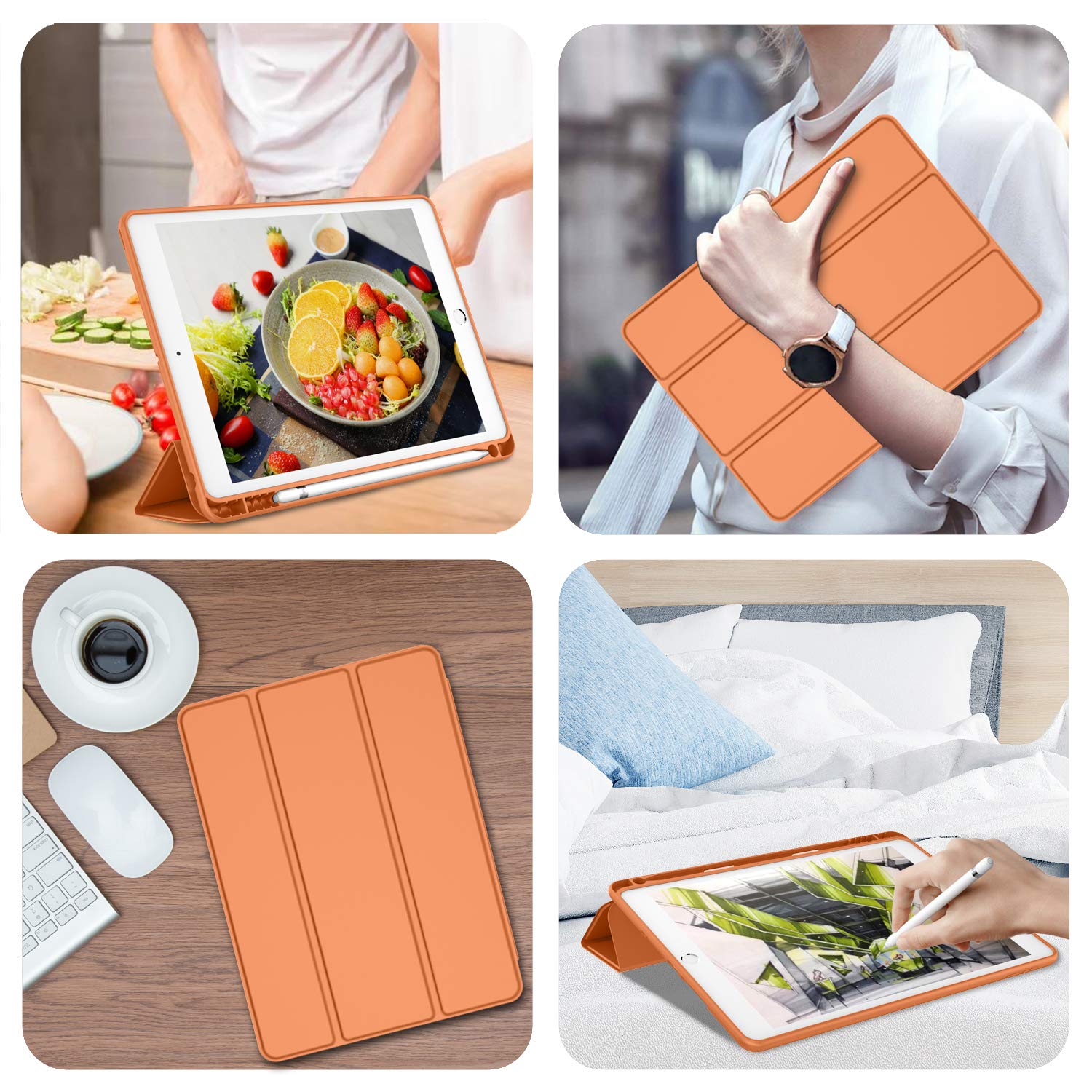 Imieet Ipad 9Th Generation Case 2021/Ipad 8Th Generation Case 2020 10.2 Inch With Pencil Holder, Ipad 7Th Gen 2019 Case With Soft Baby Skin Silicone Back, Auto Wake/Sleep Cover (Orange)
