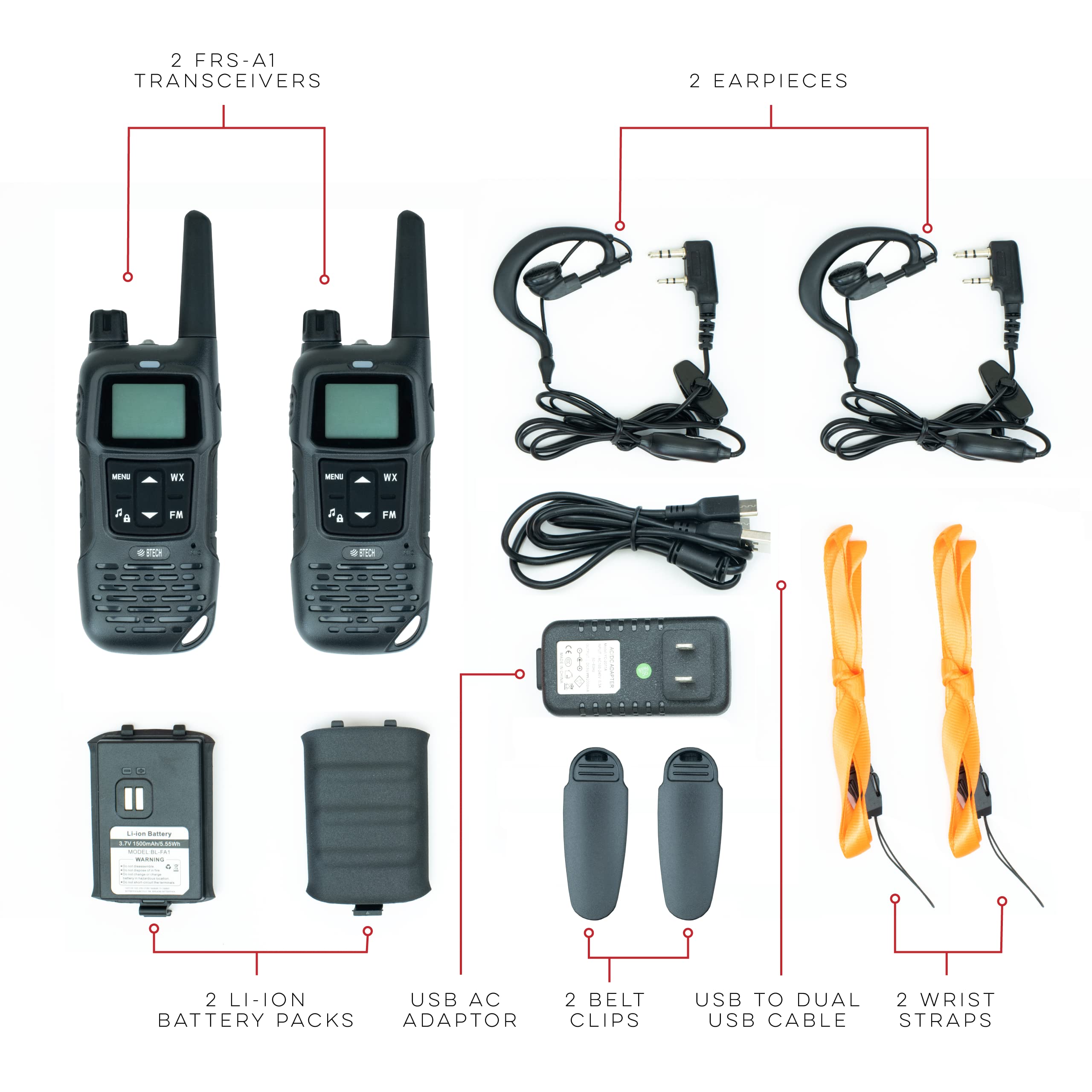 Btech Frs-A1 2 Pack Frs Black Walkie Talkies, Noaa, High Output Two-Way Radio. Usb-C Charging, Built In Flashlight, Fm Radio, No