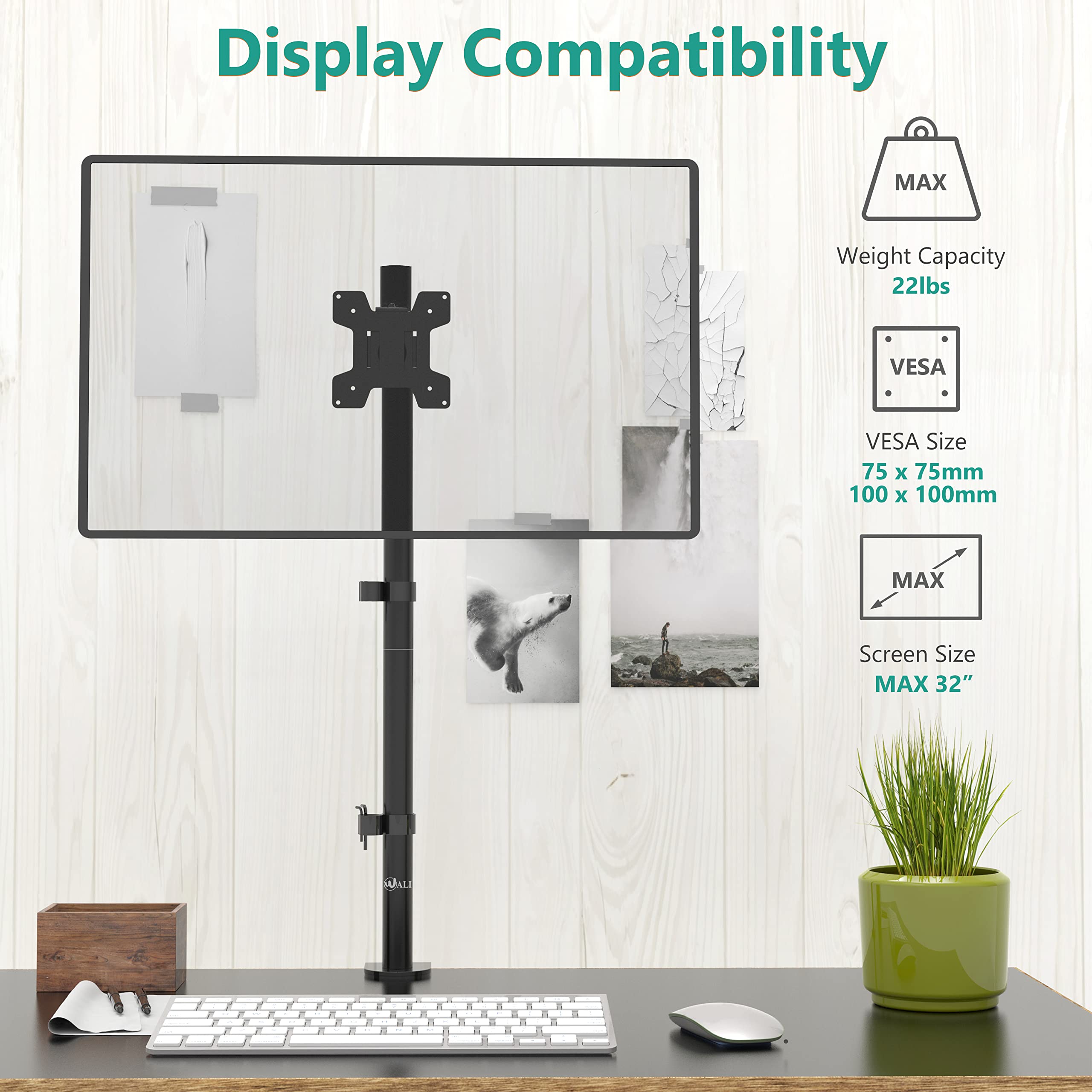 WALI Monitor Arm Mount for Desk, Single Extra Tall Computer Desk Mount, Monitor Bracket Mount Stand Single, up to 32 inch, 22 lbs (M001XL), Black