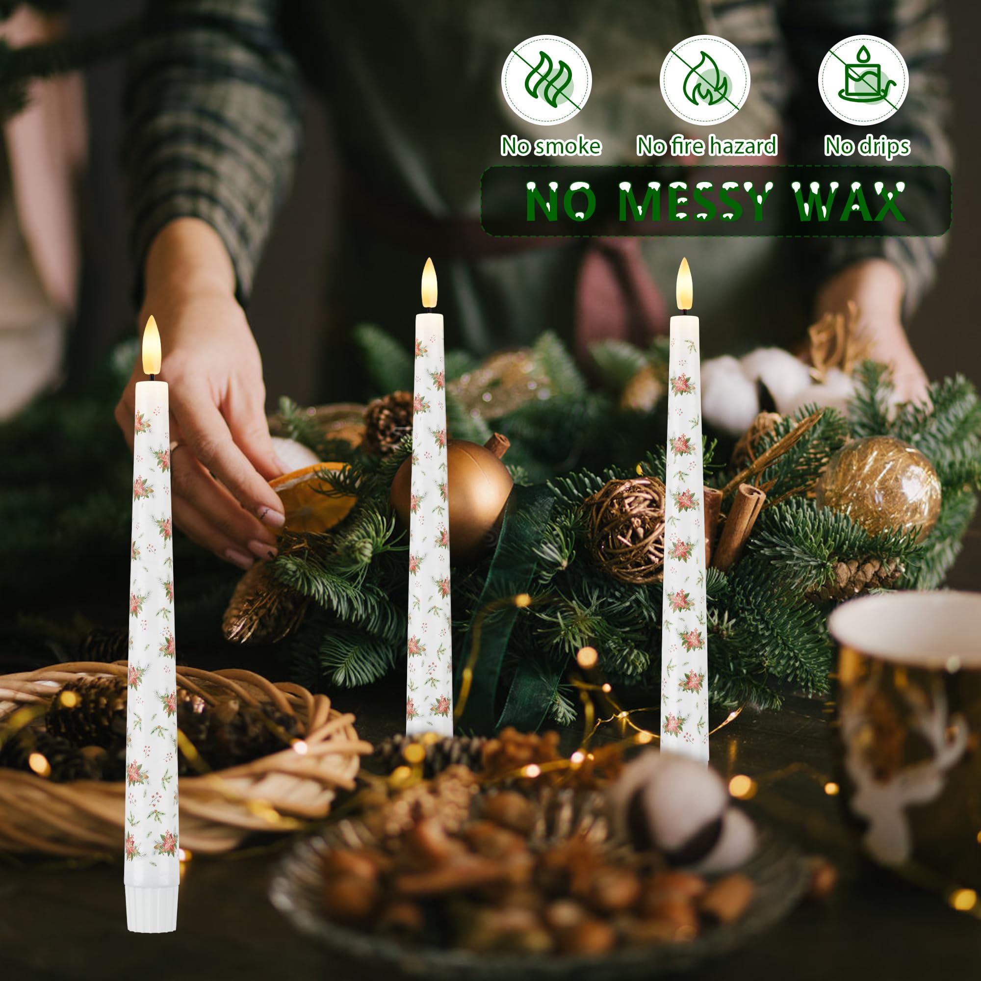 Afineth Christmas Flameless Taper Candles With Flowers, 9.6'''' Real Wax Led Candles With Remote, 3 Pcs Flickering Battery Opera