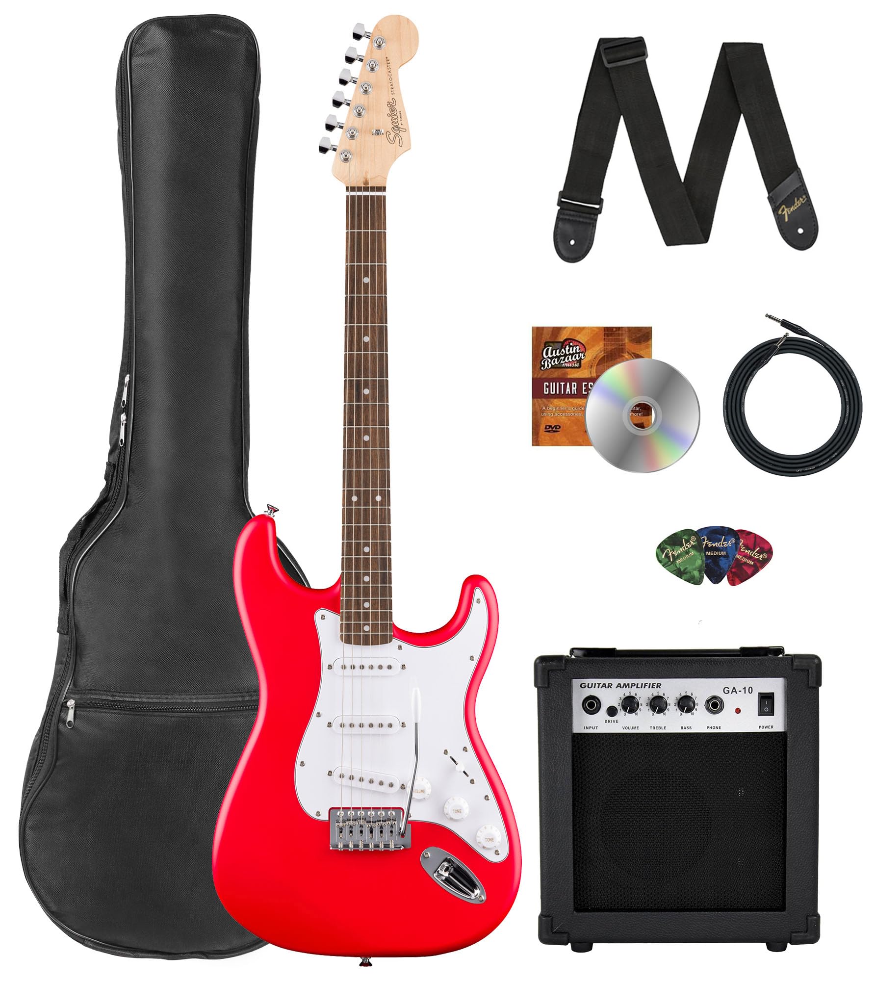 Fender Squier Stratocaster - Torino Red Bundle with Amplifier, Gig Bag, Strap, Instrument Cable, Picks, and Austin Bazaar Instru