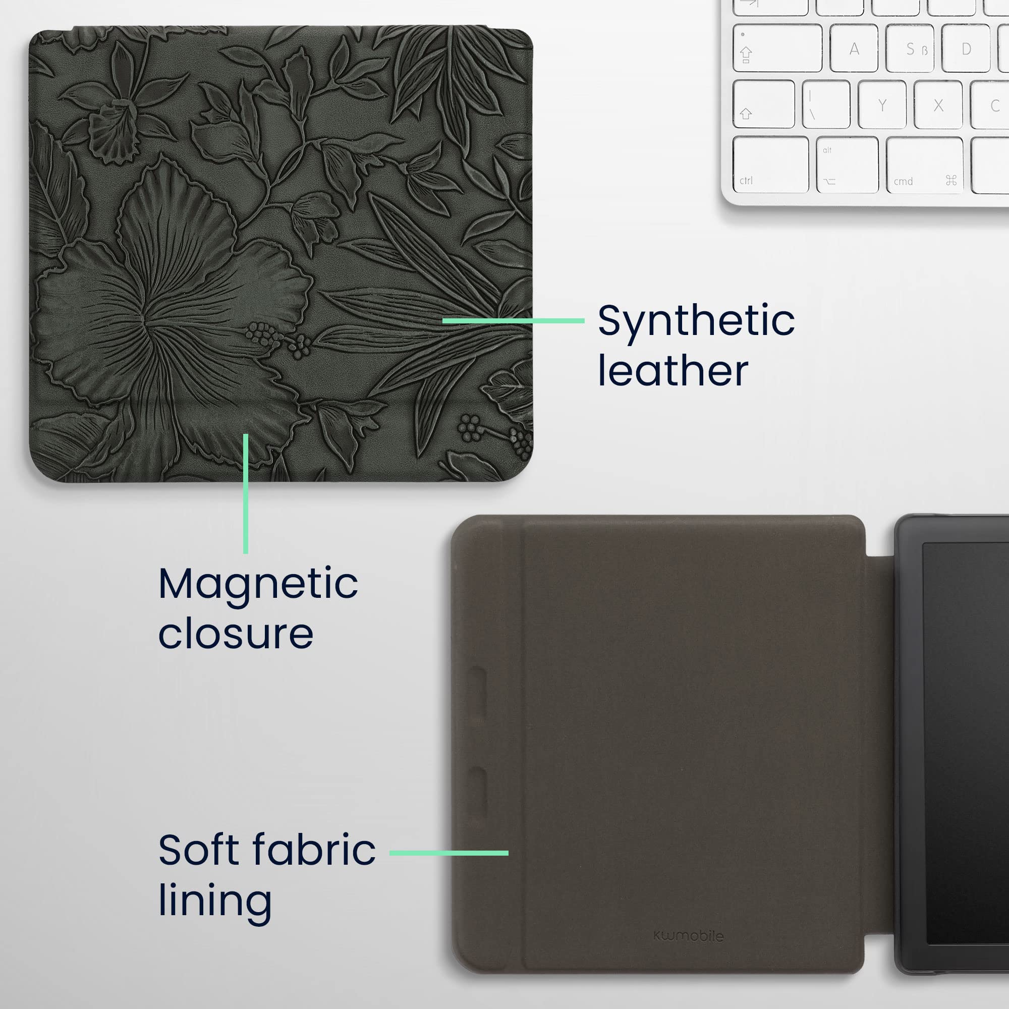 Kwmobile Case Compatible With Kobo Libra 2 Case   Ereader Cover   Embossing Flowers Green