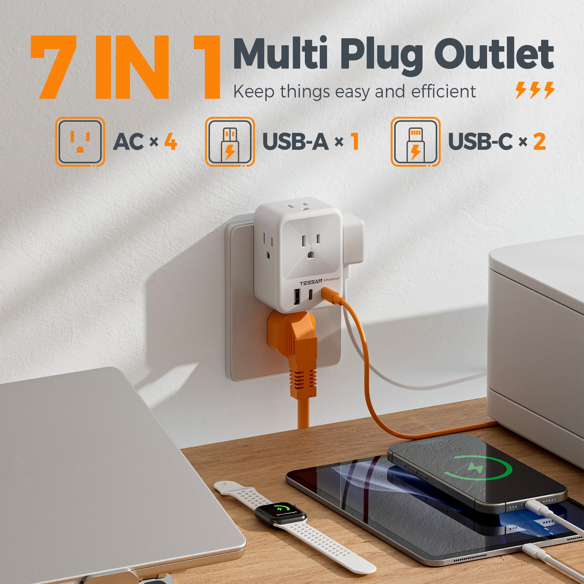 Usb Multi Plug Wall Outlet Splitter, Tessan Surge Protector 4 Outlet Extender With 3 Usb Charger Blocks(2 Usb C), 3 Sided Multip