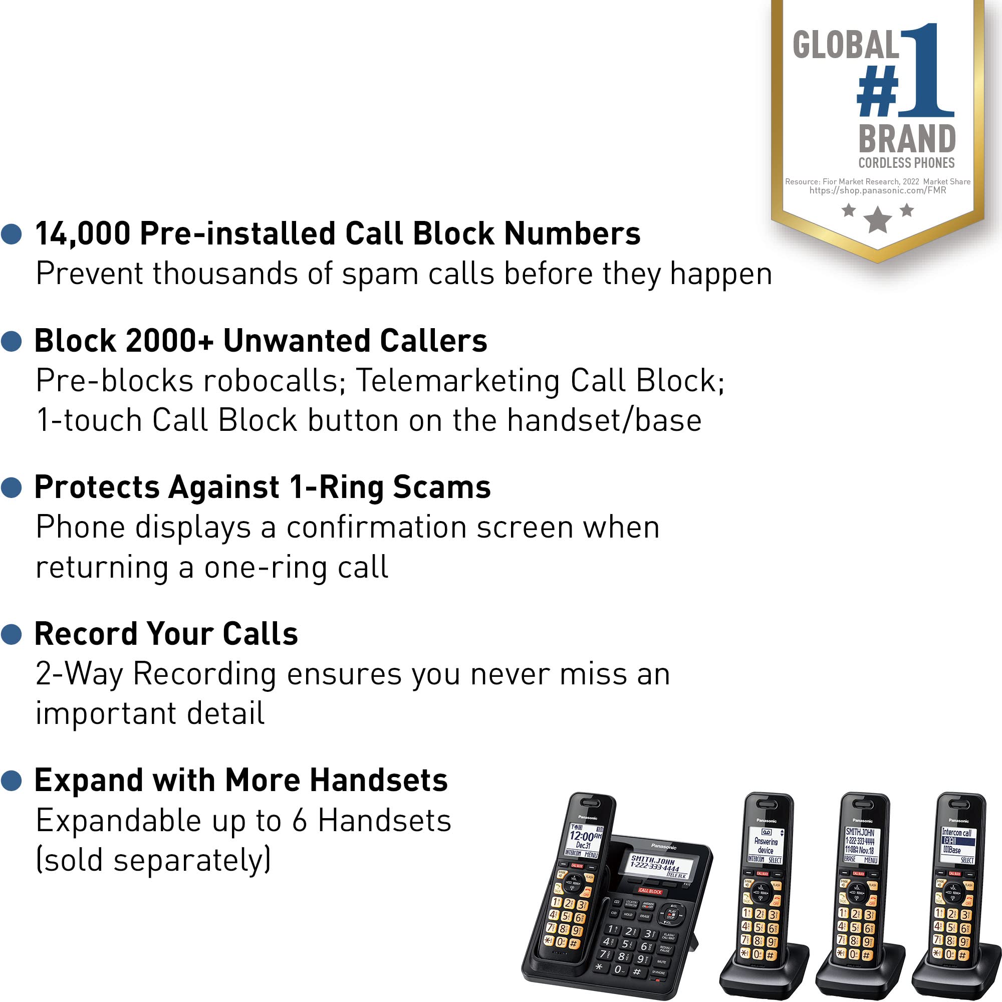 Panasonic Cordless Phone With Advanced Call Block, One-Ring Scam Alert, And 2-Way Recording With Answering Machine, 4 Handsets -
