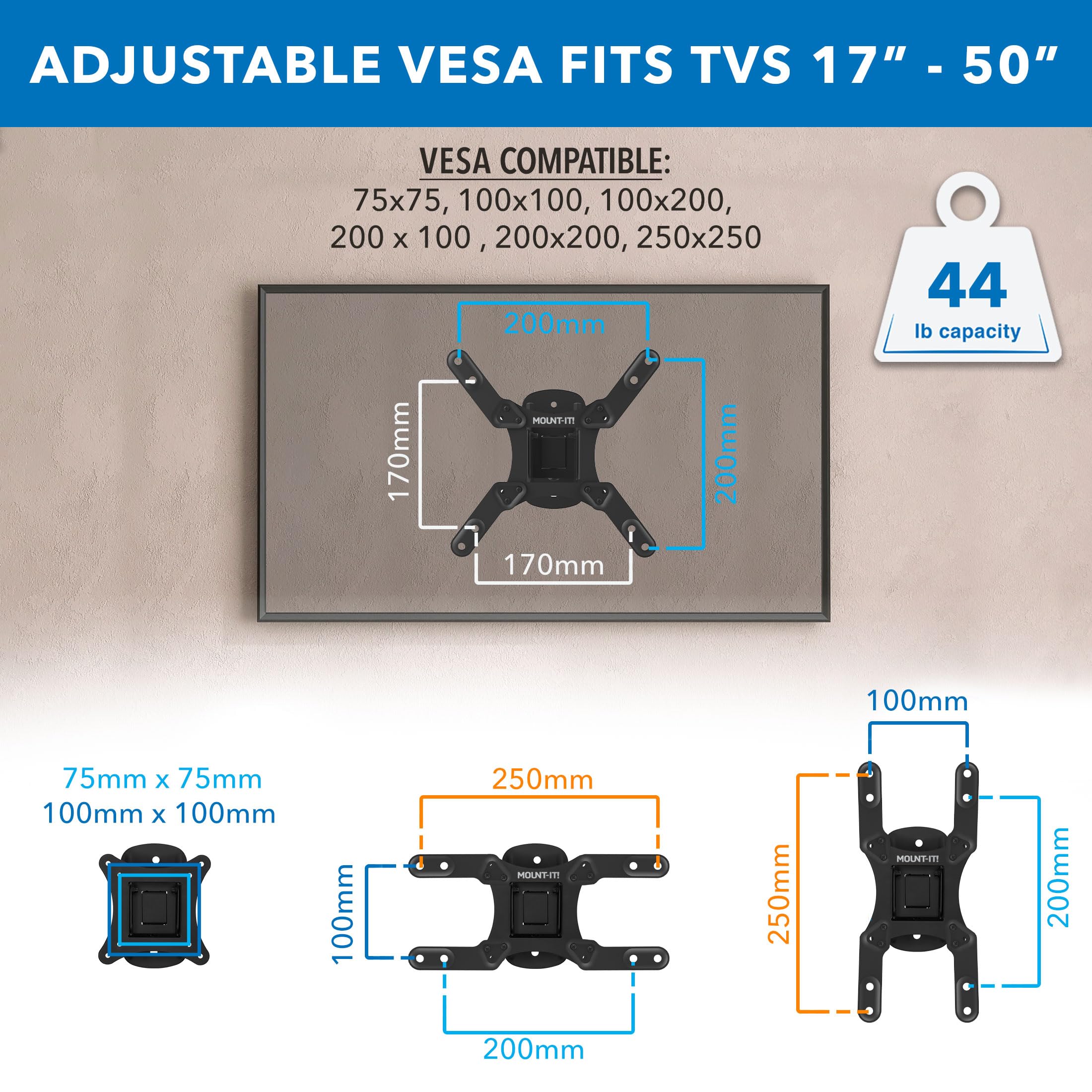 Mount It! Tv Wall Mount For Small To Mid Size Tvs, Fits 32 To 50 Inch Screens, 75 100 200 Mm Vesa Compatible, Low Profile Slim D