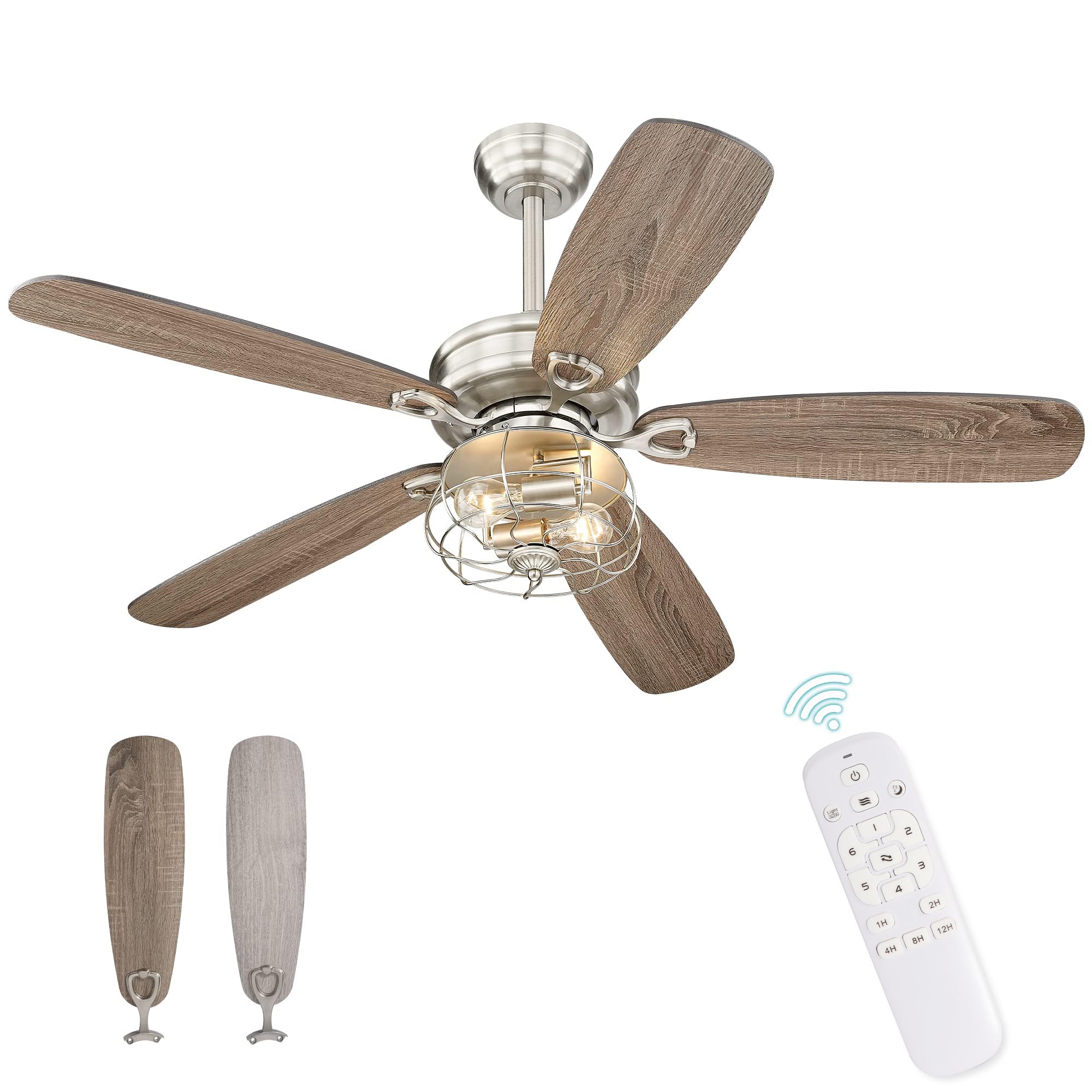 Melkelen Farmhouse Ceiling Fan, 52 Inch Ceiling Fan with Light and Remote Control, Rustic Dual Wood Finish Blades, Industrial Ca