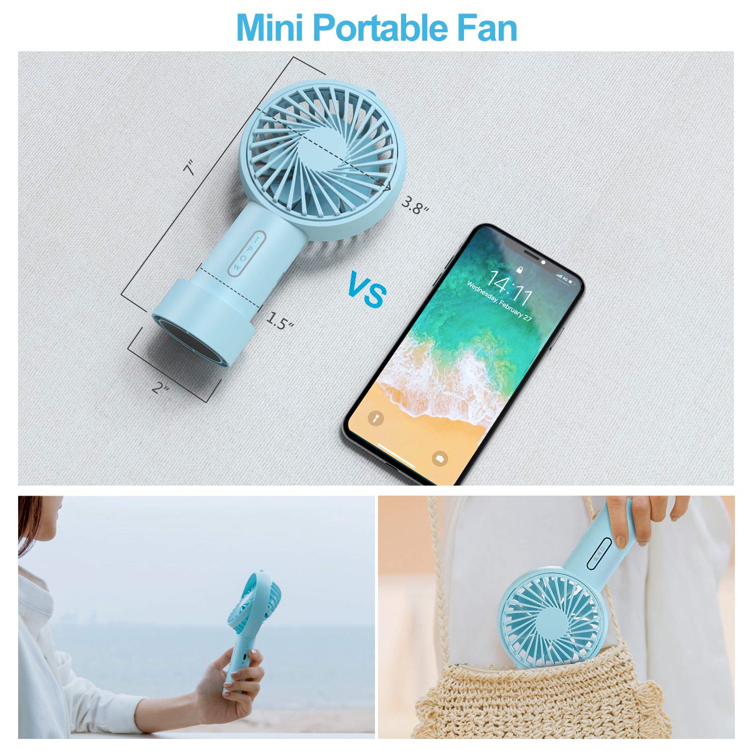Ipow Mini Handheld Fan Personal Portable Fan 3 Speed Adjustable Angle Removable Base Lanyard Usb Recharging Battery Operated Sma