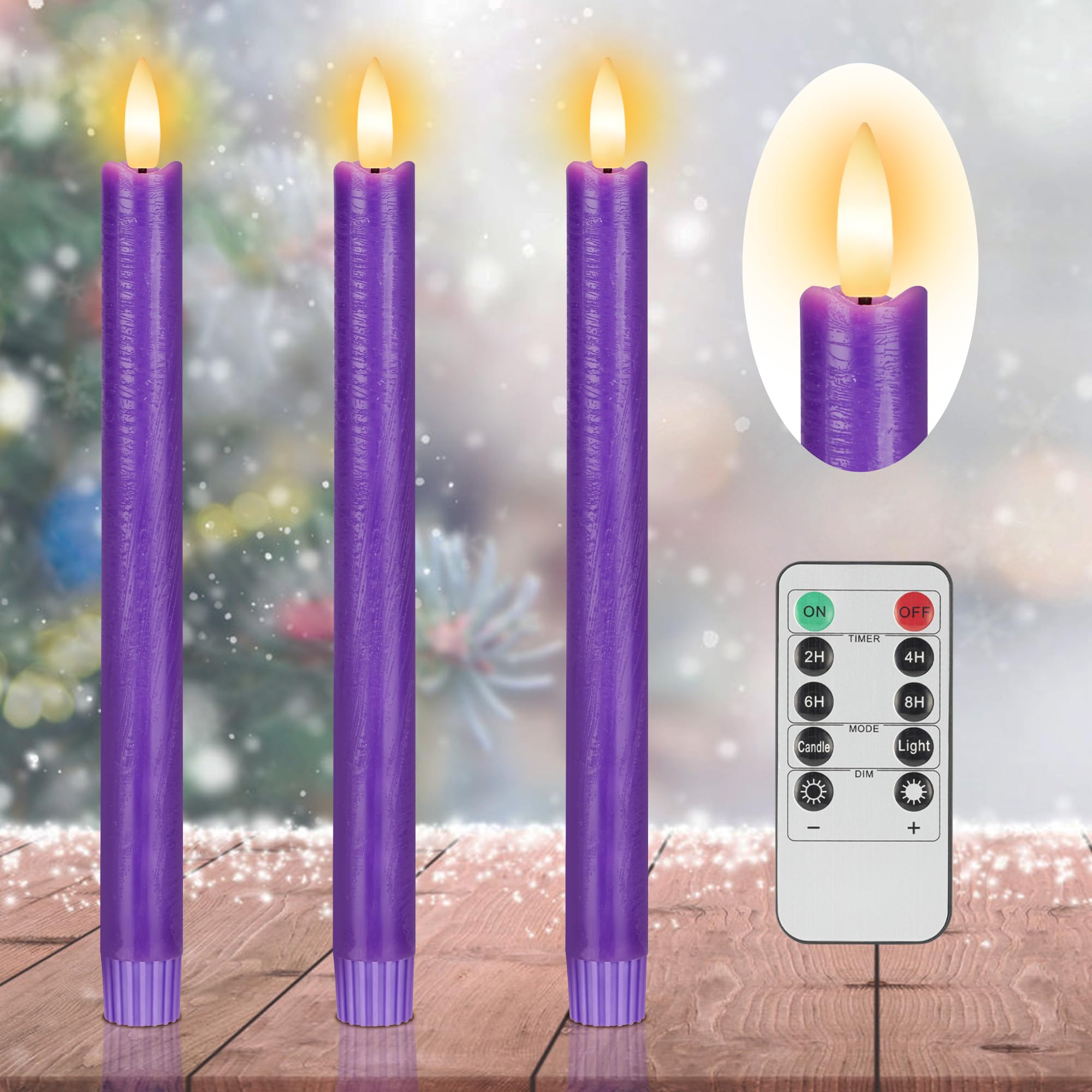 SEHNSY Purple Flameless Taper Candles with Remote, 3 Pack Flickering LED Candlesticks, Real Wax Battery Operated Christmas Windo