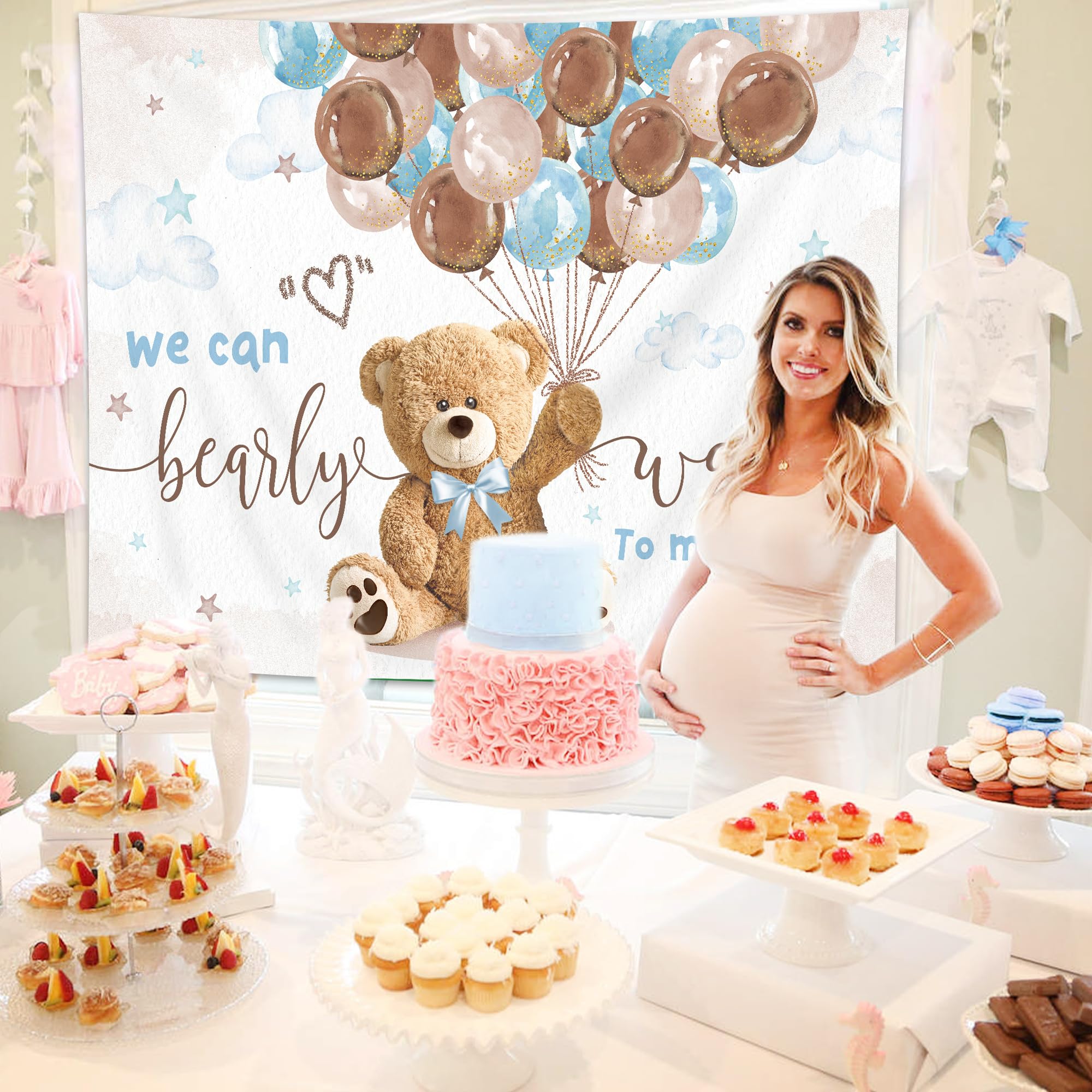 Imirell Bear Baby Shower Backdrop 5Wx3H Feet We Can Bearly Wait Brown Blue Balloons Cartoon Kids Boys Cute Polyester Fabric Wate