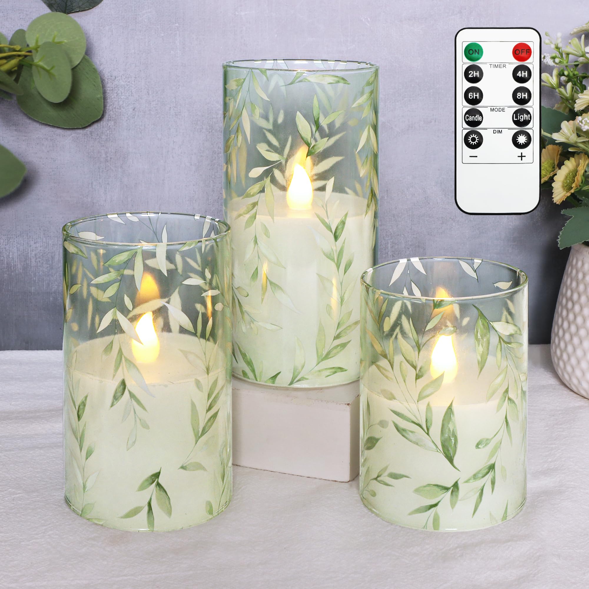 GORGE MOMENT Green Flameless Candles with Remote Willow Leaf Design Battery Operated Candles - Elegant Home Christmas Summer Dec
