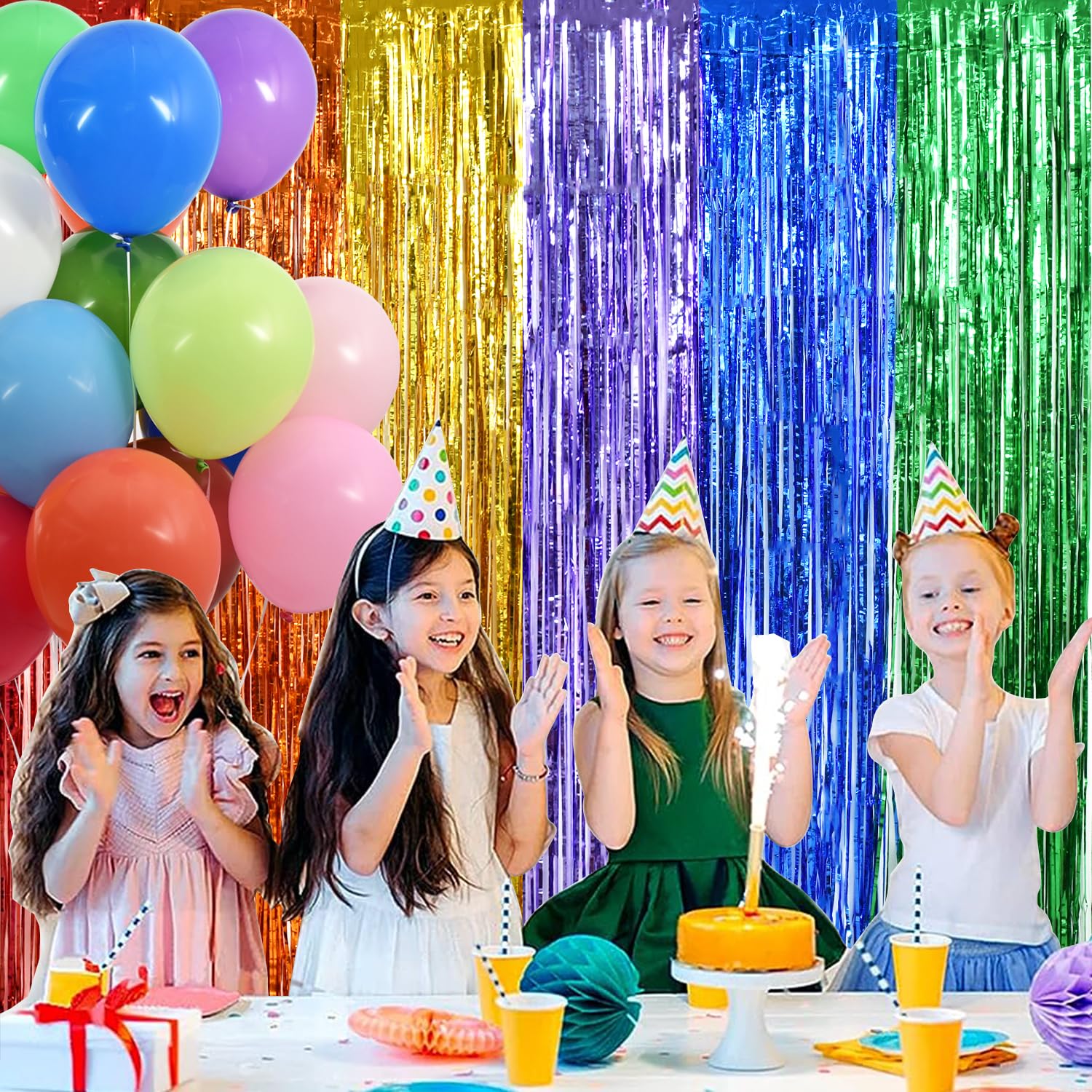 Beishida 4 Pack Rainbow Streamers Fringe Foil Curtain Backdrop Curtain, Tinsel Curtain Wall Door Party Streamers For Birthday Pa