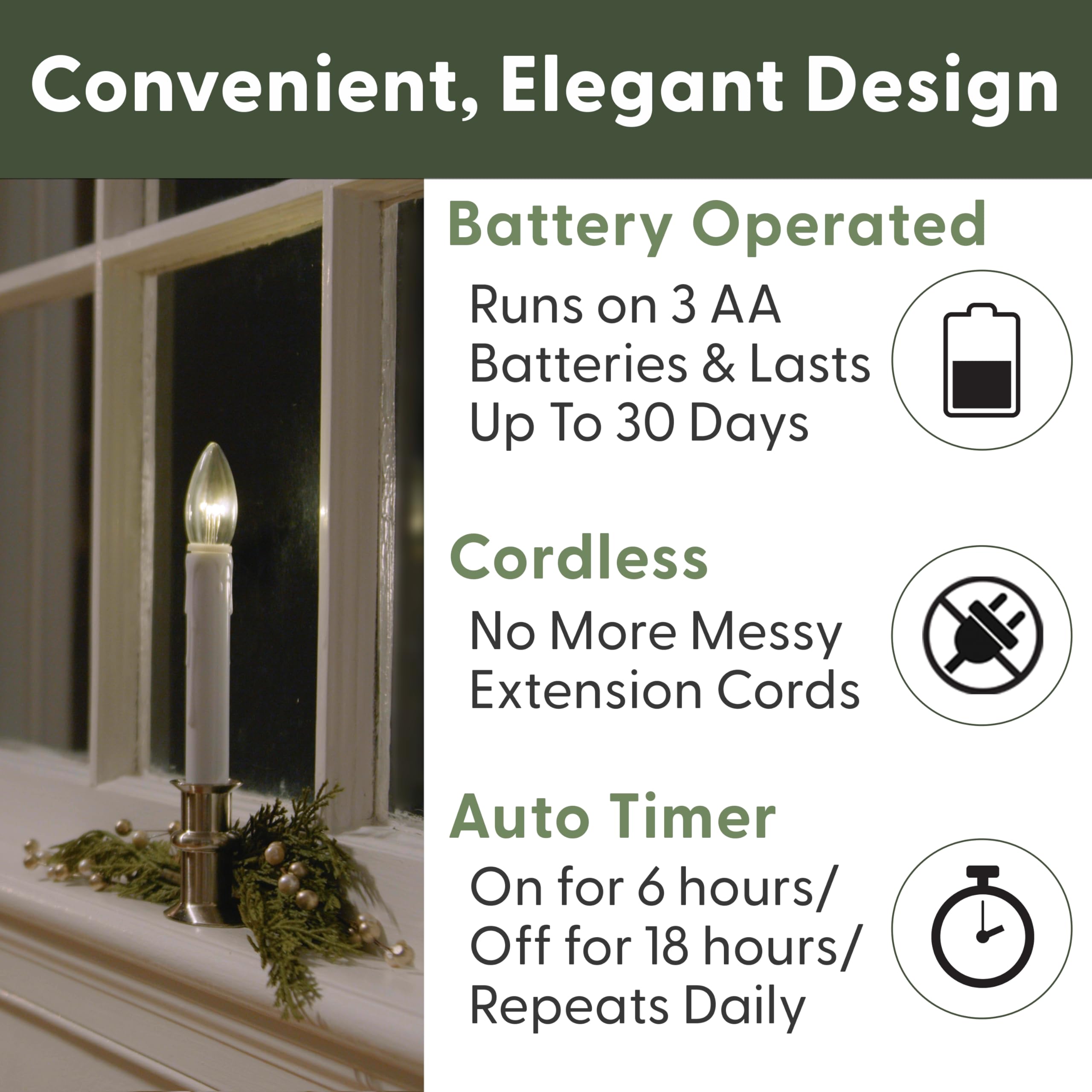 612 Vermont Ultra Bright Led Window Candles With Timer, Battery Operated, Slim Line Metal Base, Vt 2813 Bnw 4R (Brushed Nickel,