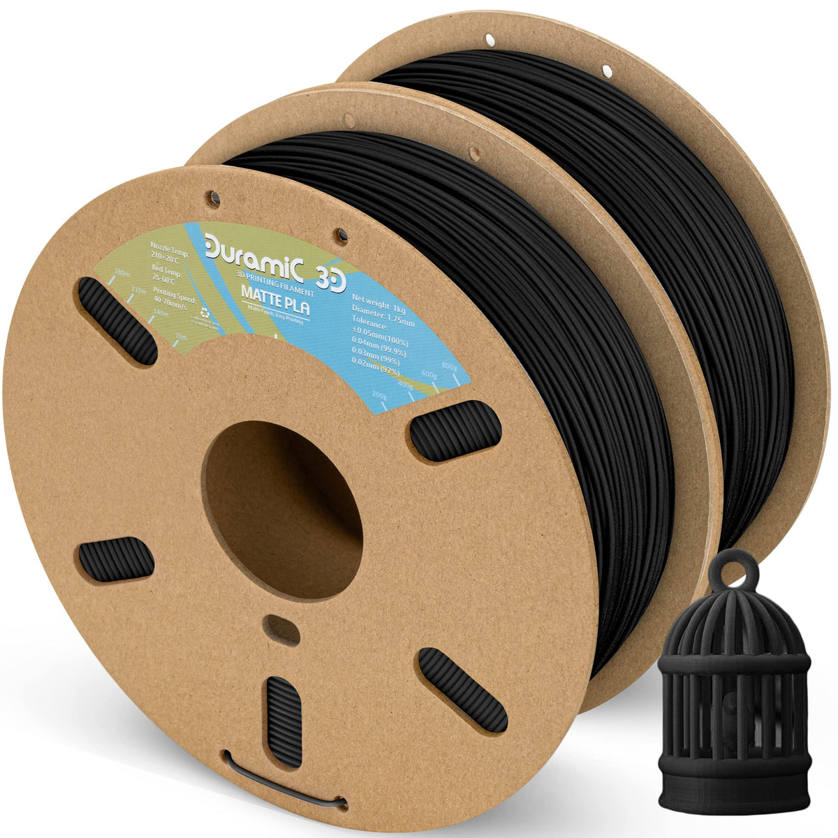 Duramic 3D Matte Pla Filament 1.75Mm Black 2 Pack, 1Kg Cardboard Spool Matte Finish 3D Printer Filament Pla 1.75Mm Dimensional A