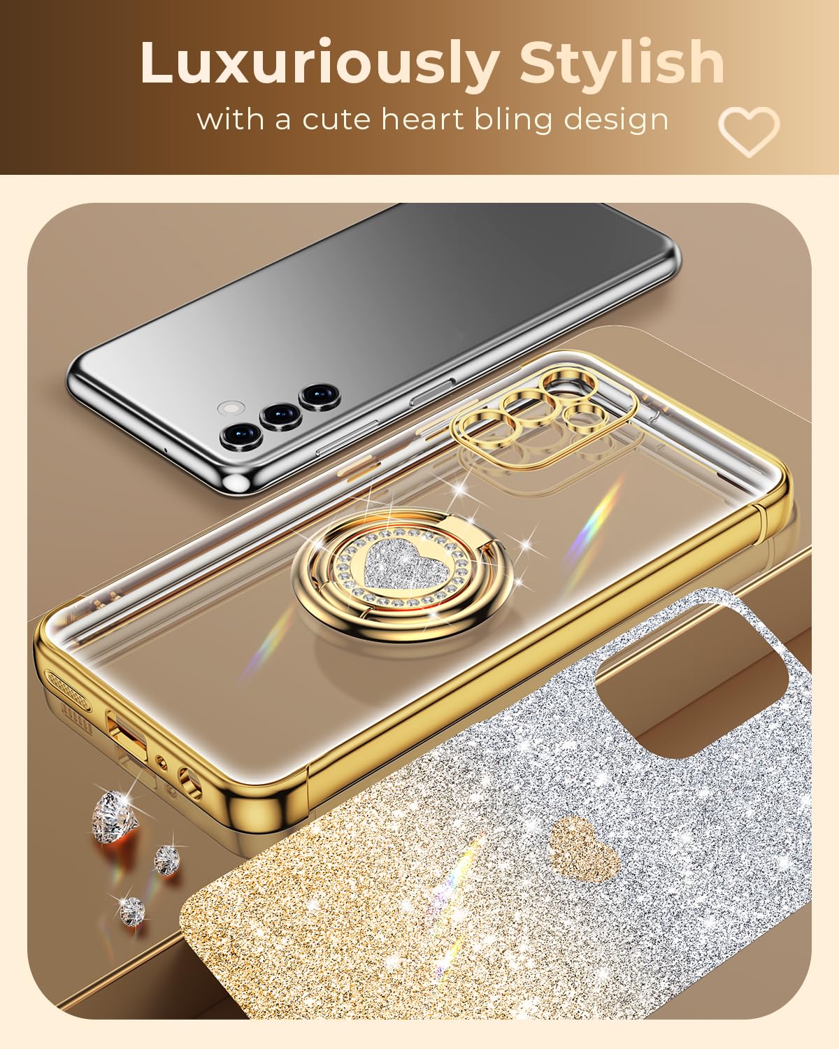 Xyz For Samsung Galaxy A14 5G Case With Stand, Galaxy A14 5G Case With Double Ring, Women Girls Bling Luxury Glitter Clear Phone