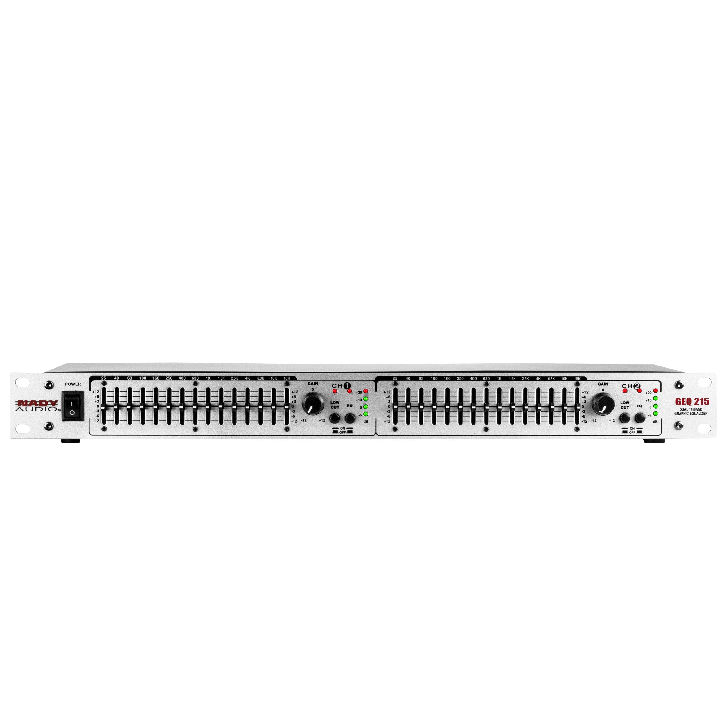 Nady GEQ-215 Graphic Equalizer, 2-channel 15 frequency bands of EQ, fits in a 19    single rack space, balanced XLR and 1/4    T