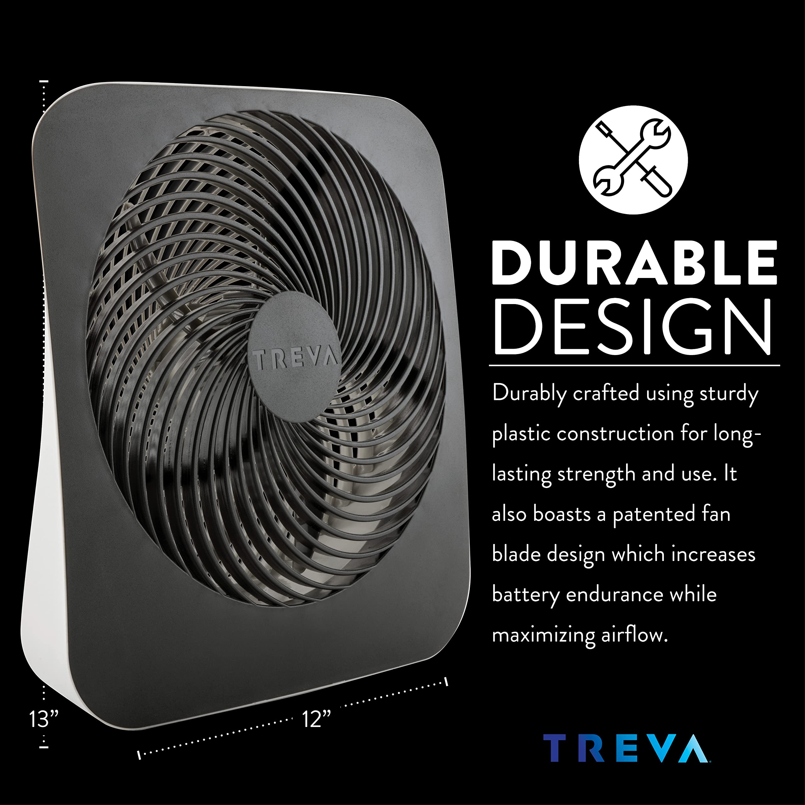 Treva 10-Inch Portable Desk Battery Fan, Powered By Battery And/Or Ac Adapter - Air Circulating With 2 Cooling Speeds, With Buil