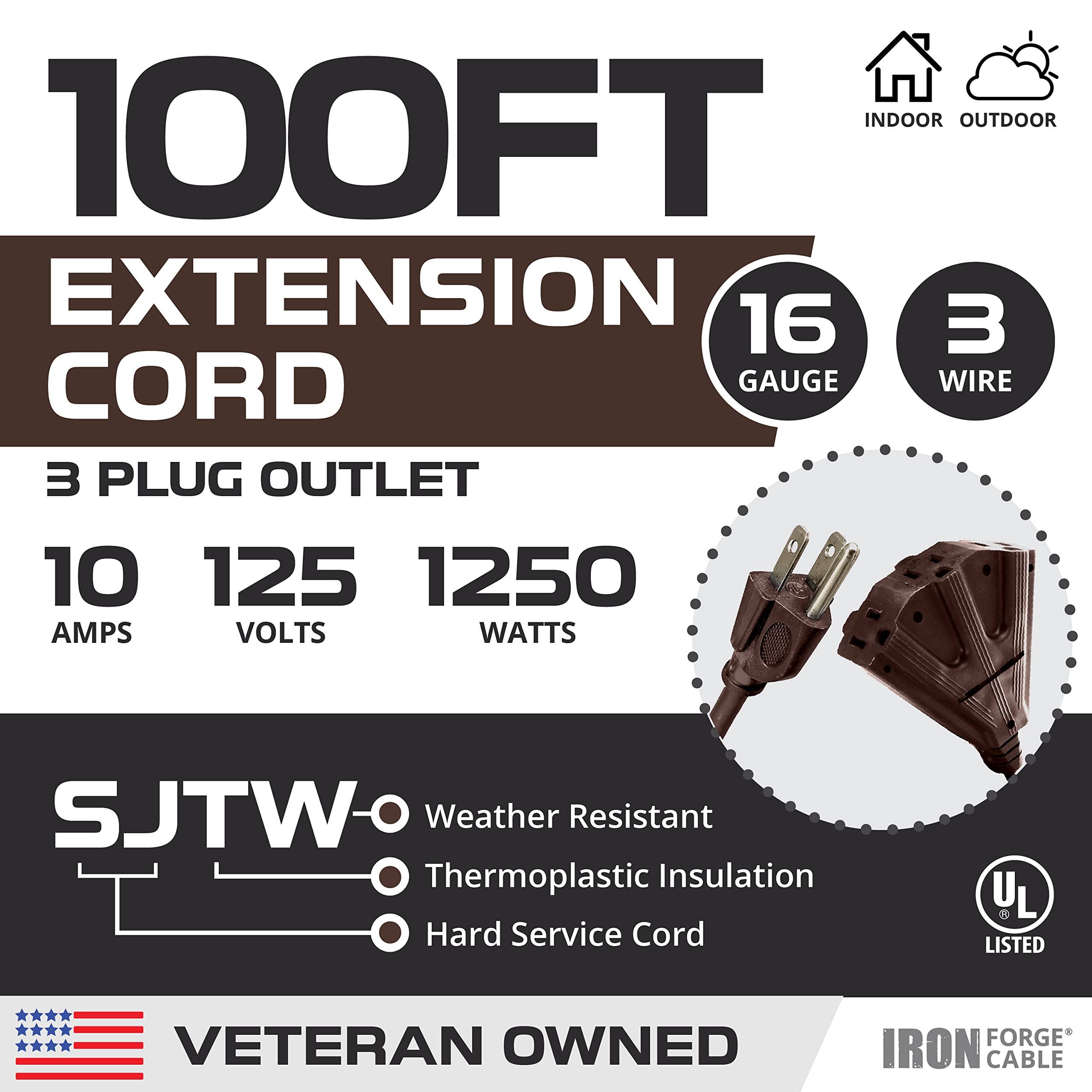 Iron Forge Cable 100 Ft Brown Extension Cord With 3 Outlets,16/3 Sjtw Heavy Duty Outdoor Extension Cord, Multiple Outlets, 3 Pro