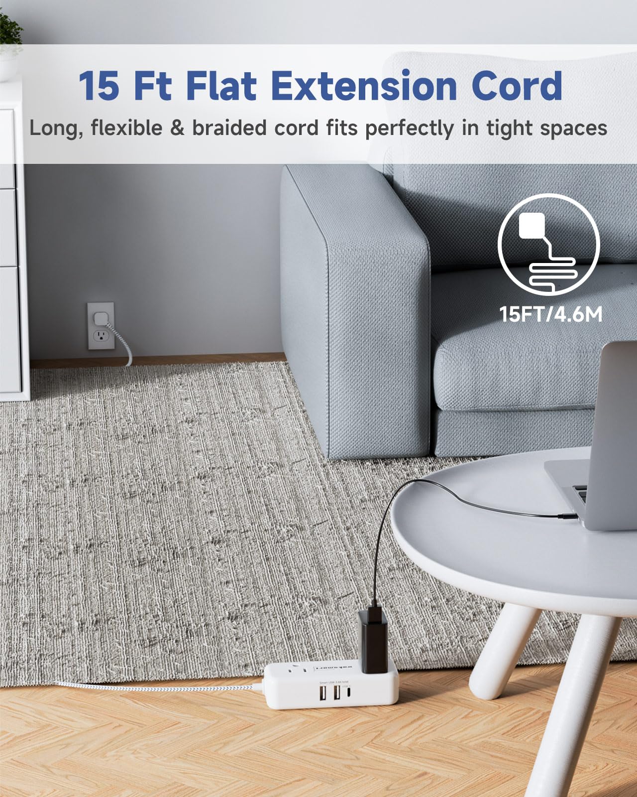 Flat Plug Extension Cord 15 Feet With 4 Ac Outlets 3 Usb Ports (5V/3.4A 17W), 15Ft Long Braided Cord Wall Mountable For Home Off