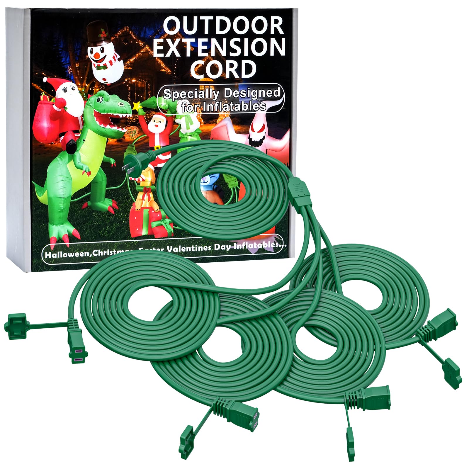 50Ft 4 Outlets Green Outdoor Extension Cords For Halloween Christmas Inflatables Blow Ups Yard Waterproof Outside With Multiple