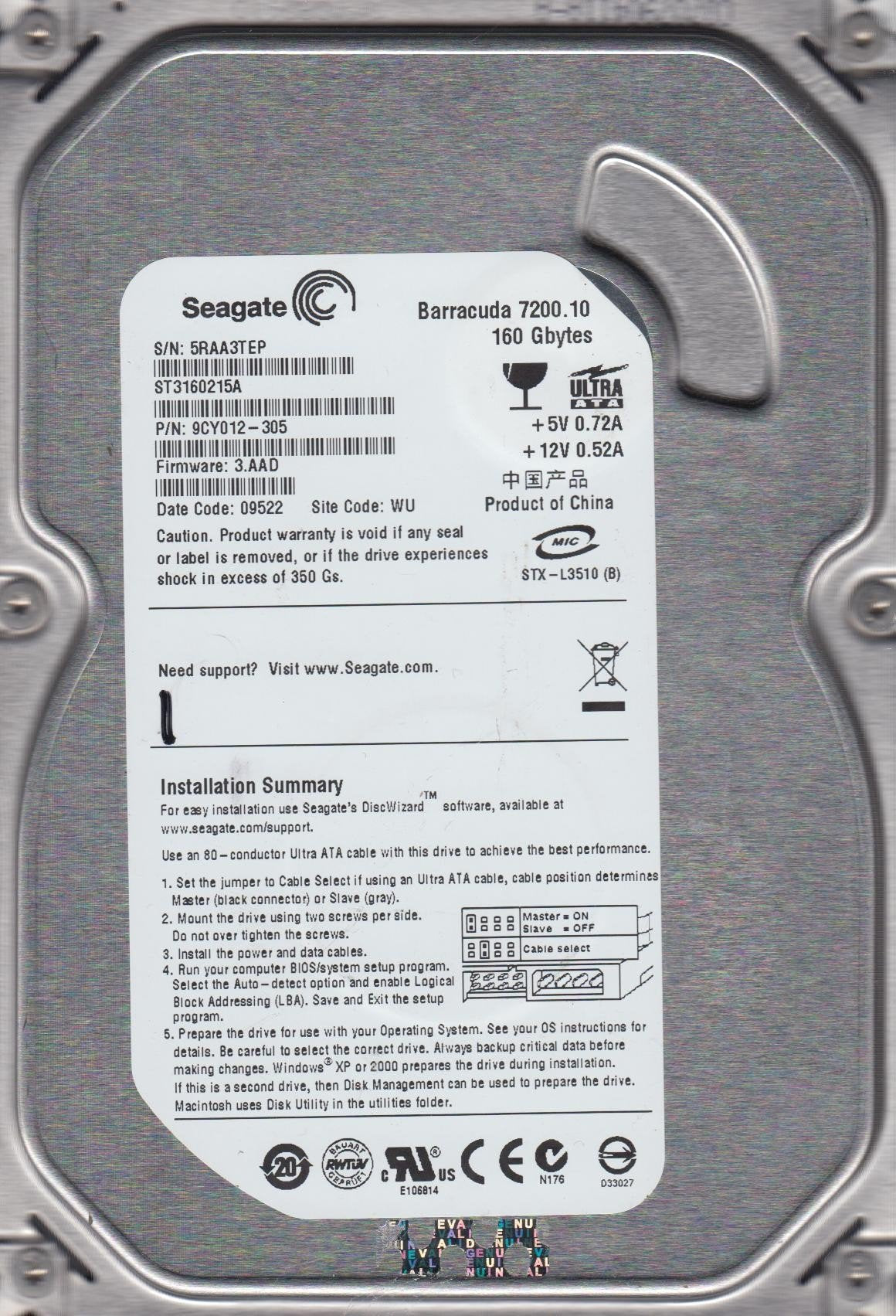 Seagate St3160215A 160Gb 7200 Rpm Ata 3.5'' Hd