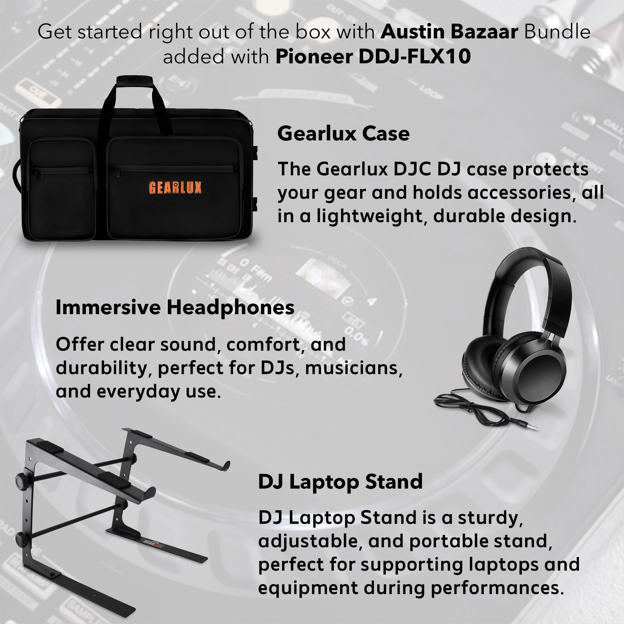 Pioneer Ddj-Flx10 4-Channel Professional Dj Controller - Black Bundle With Case, Laptop Stand, Hdj-Cue1 Headphones, Xlr Micropho