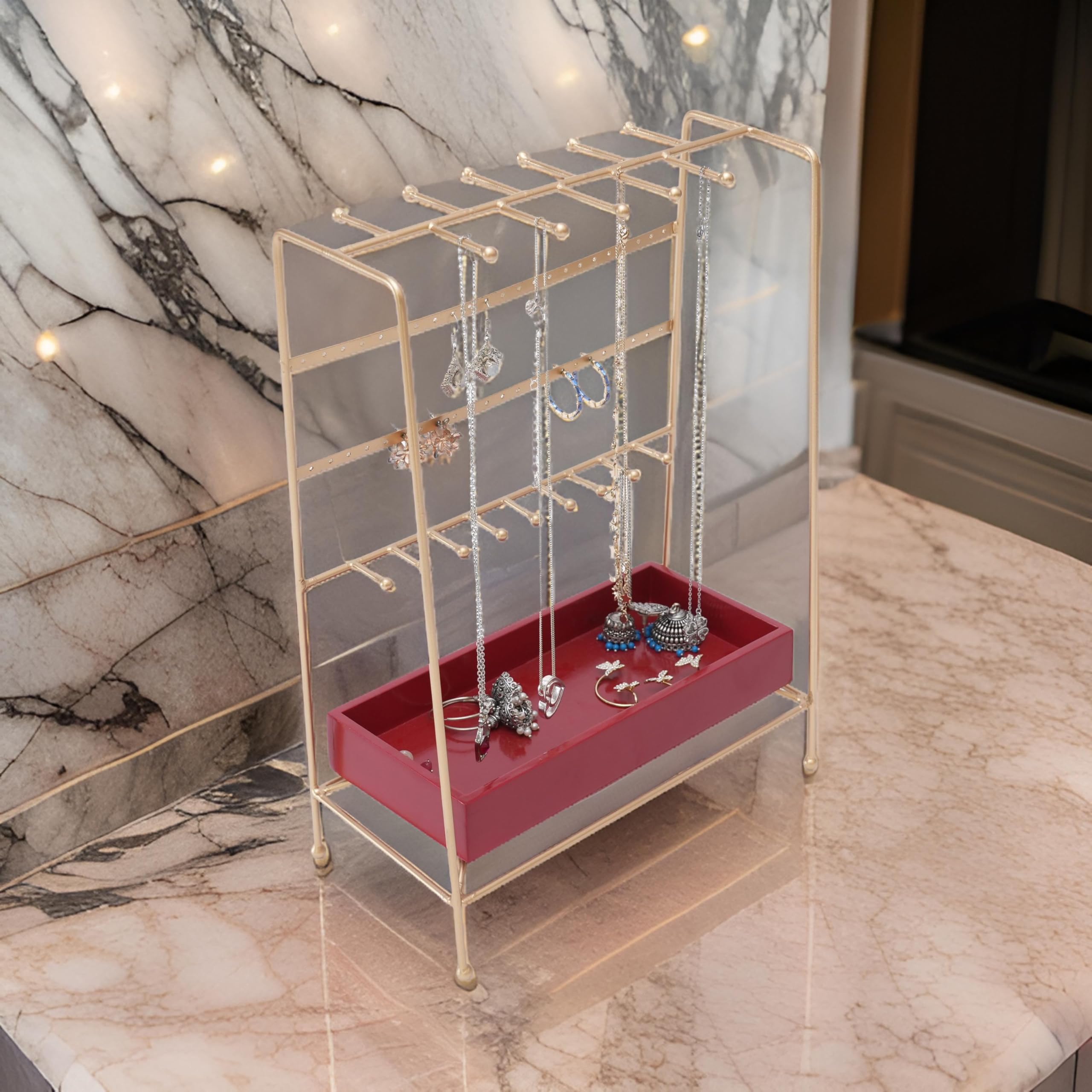 Treasure Hunt Jeweller Organizer Stand With Red Tray, Gold Metal Frame, Multiple Hooks And Display Bars For ValentineS DayTh5