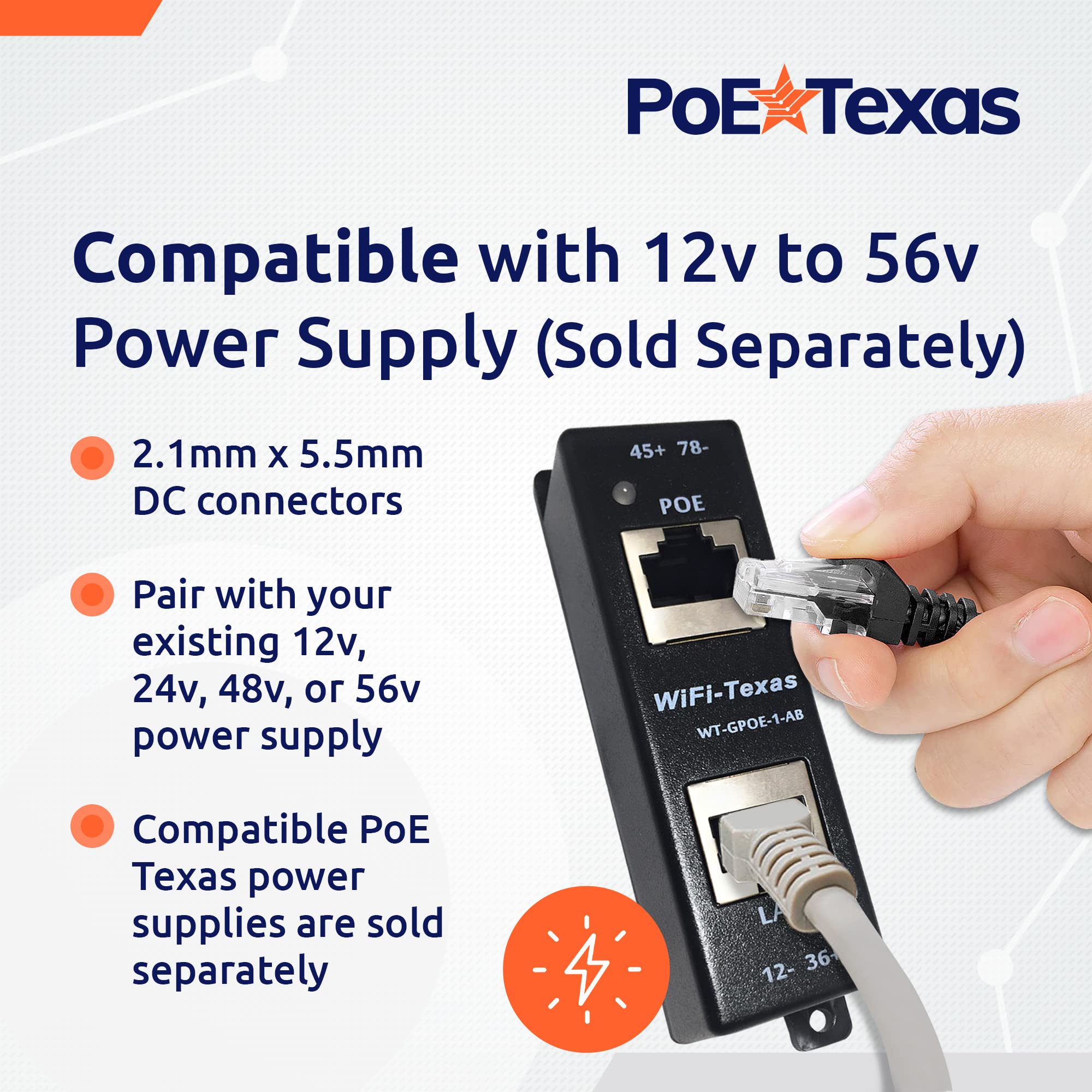 Poe Texas Poe Injector   Single Port 4 Pair Poe+ Injector/Splitter   Power Over Ethernet Passive Poe Adapter For 802.3Af / Poe+ / Poe++ 10/100/1000 Gigabit Data   Mode A/B Wall Mount Plug & Play