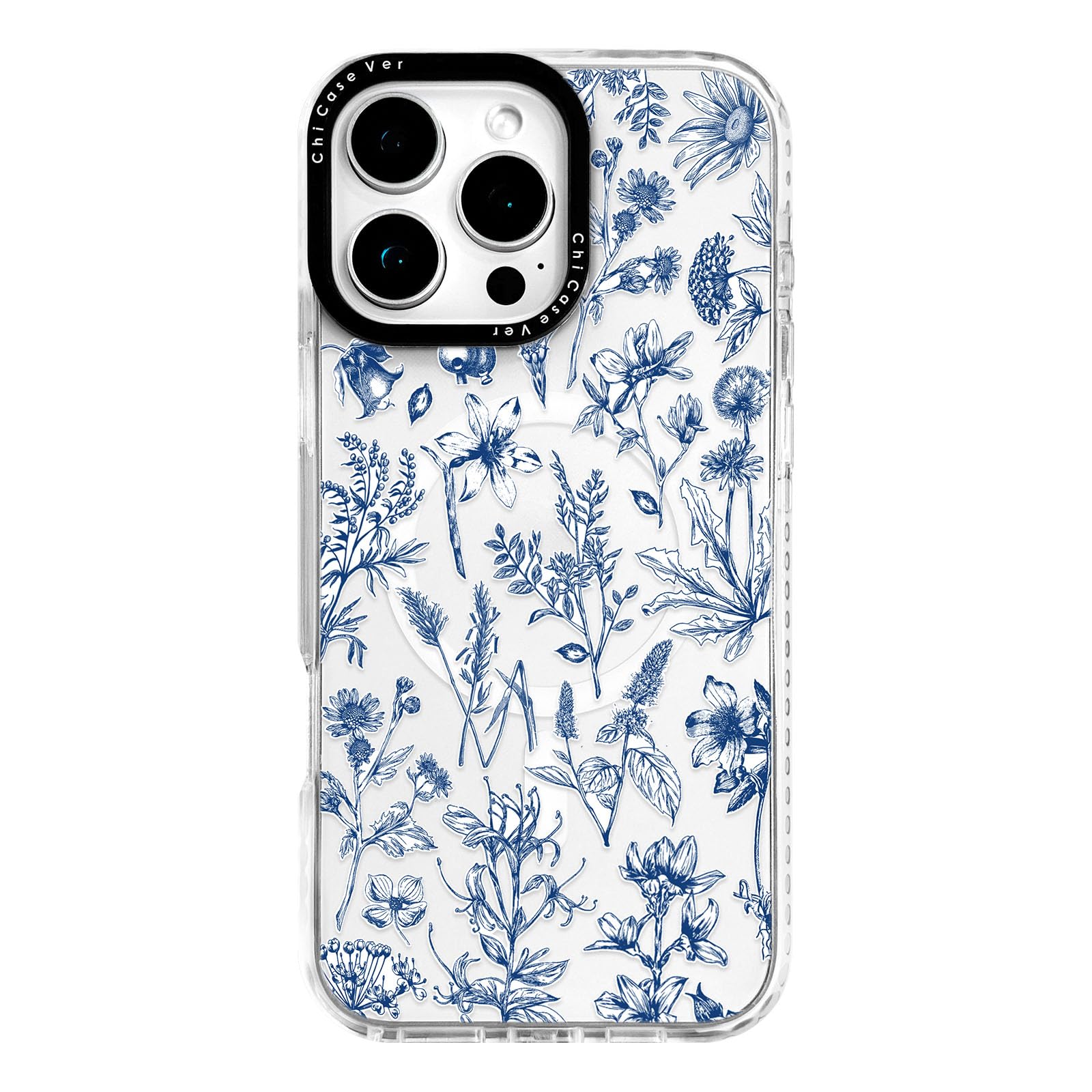 ChiCaseVer for iPhone 16 Pro Case, Blue White Toile Floral Botanical Pattern, Wildflower Soft Slim TPU Compatible with MagSafe &