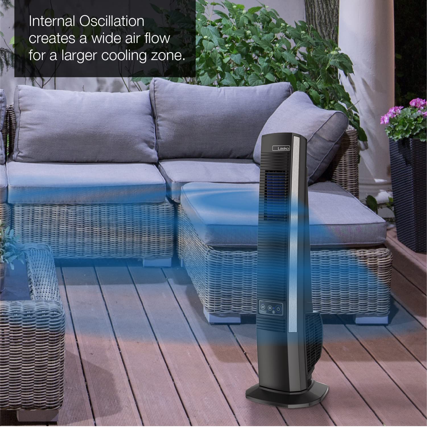 Lasko 42'' Portable Outdoor Tower Fan With Bluetooth Technology For Decks, Patios And Porches With 4 Speeds, Night Mode, Interna