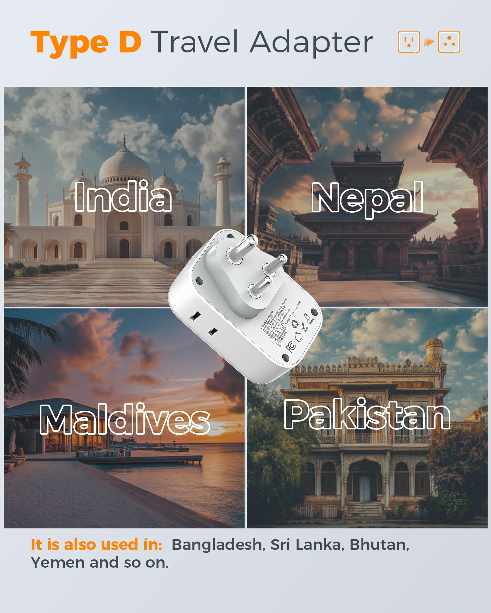 Us To India Plug Adapter 2 Pack, Tessan Type D Travel Adapter With 4 Outlets 3 Usb (2 Usb C), Power Adaptor For Us To India Nepa
