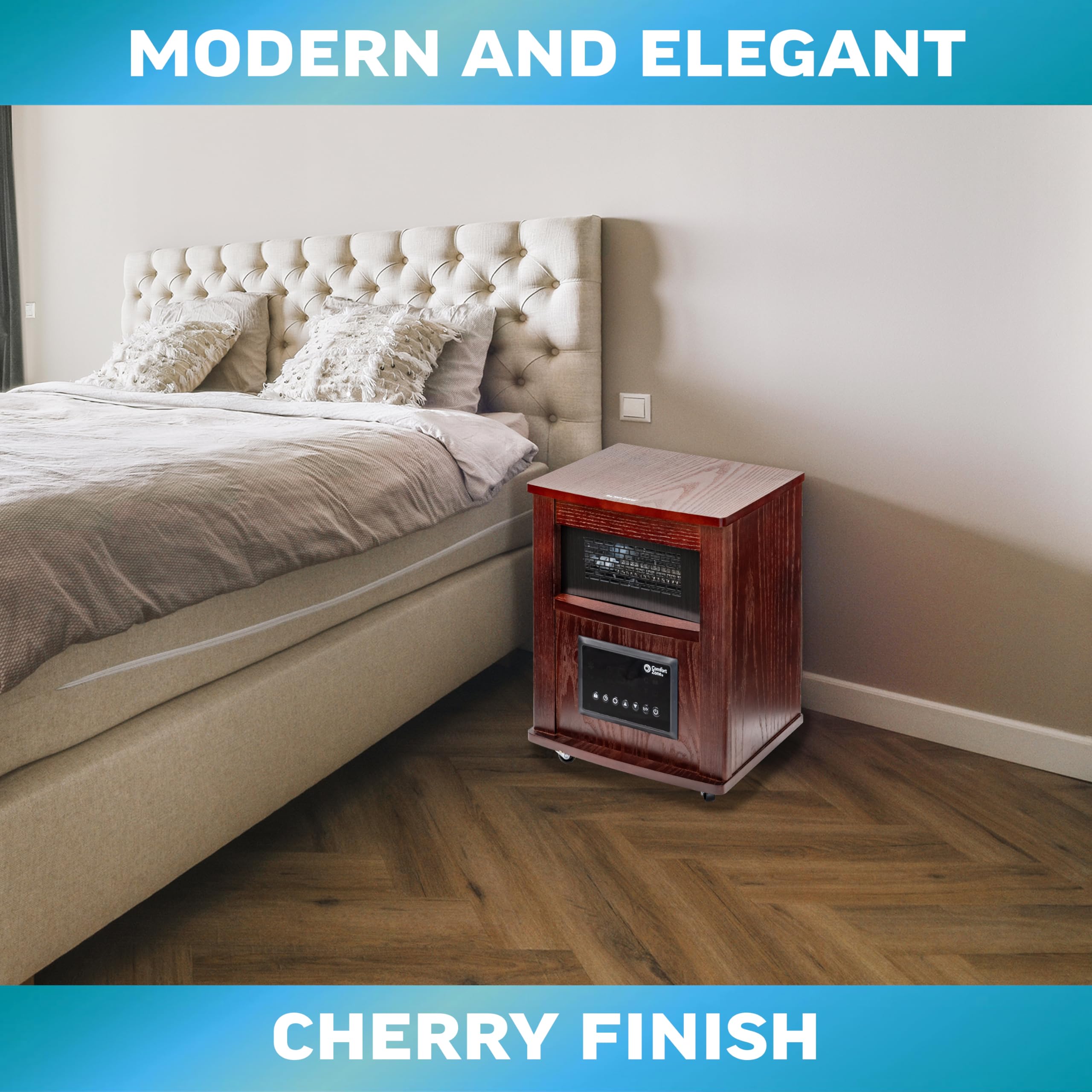 Comfort Zone Wood Cabinet Space Heater With Remote, 16 Inch, Adjustable Thermostat, Digital Display, Overheat Protection, Electr