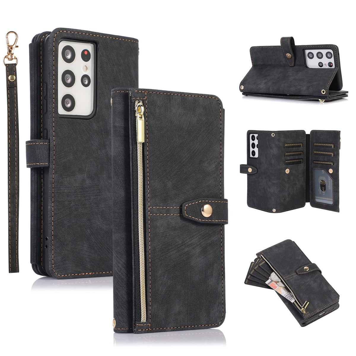 Ueebai Case For Samsung Galaxy S21 Ultra 5G, 9 Card Slots Retro Leather Wallet Shockproof Flip Cover With Hand Strap Card Slots