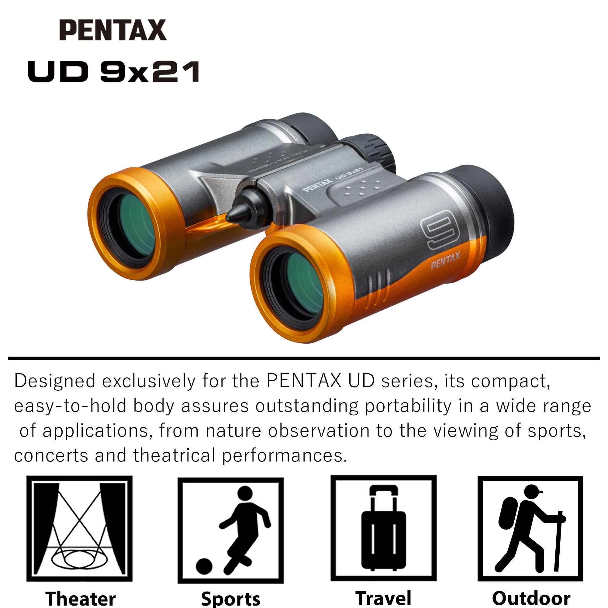 Pentax Binoculars Ud 9X21   Gray And Orange. A Bright And Clear Field Of View, Lightweight Body With Roof Prism, Fully Multi Coa