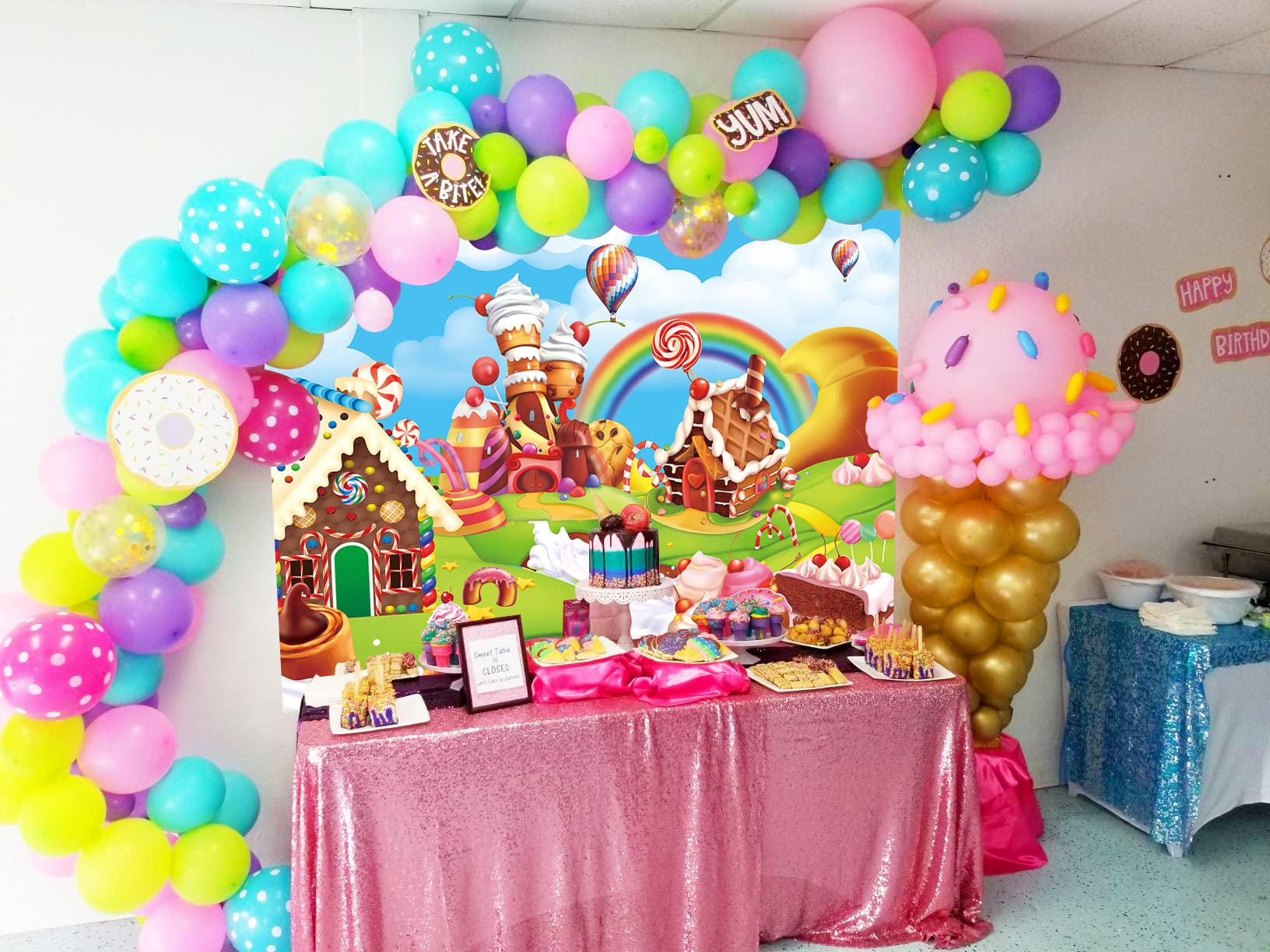 Candyland Backdrop 8X6Ft Cartoon Rainbow Lollipop Icecream Sweet Donut Candy Photography Background For 1St First Birthday Party