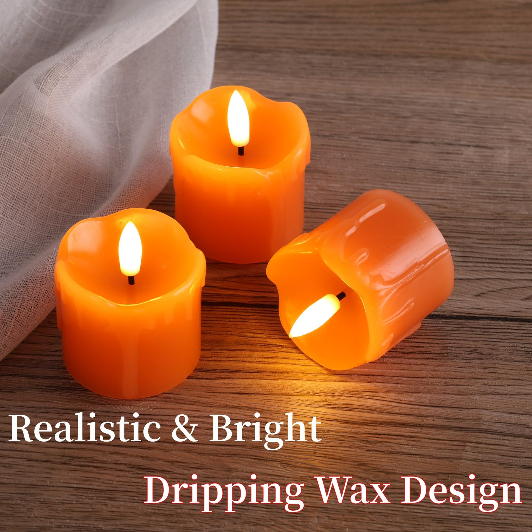 Eywamage Orange Dripping Wax Led Votive Candles With Remote, 2X2 In Flickering Flameless Halloween Fall Candles Set Of 6