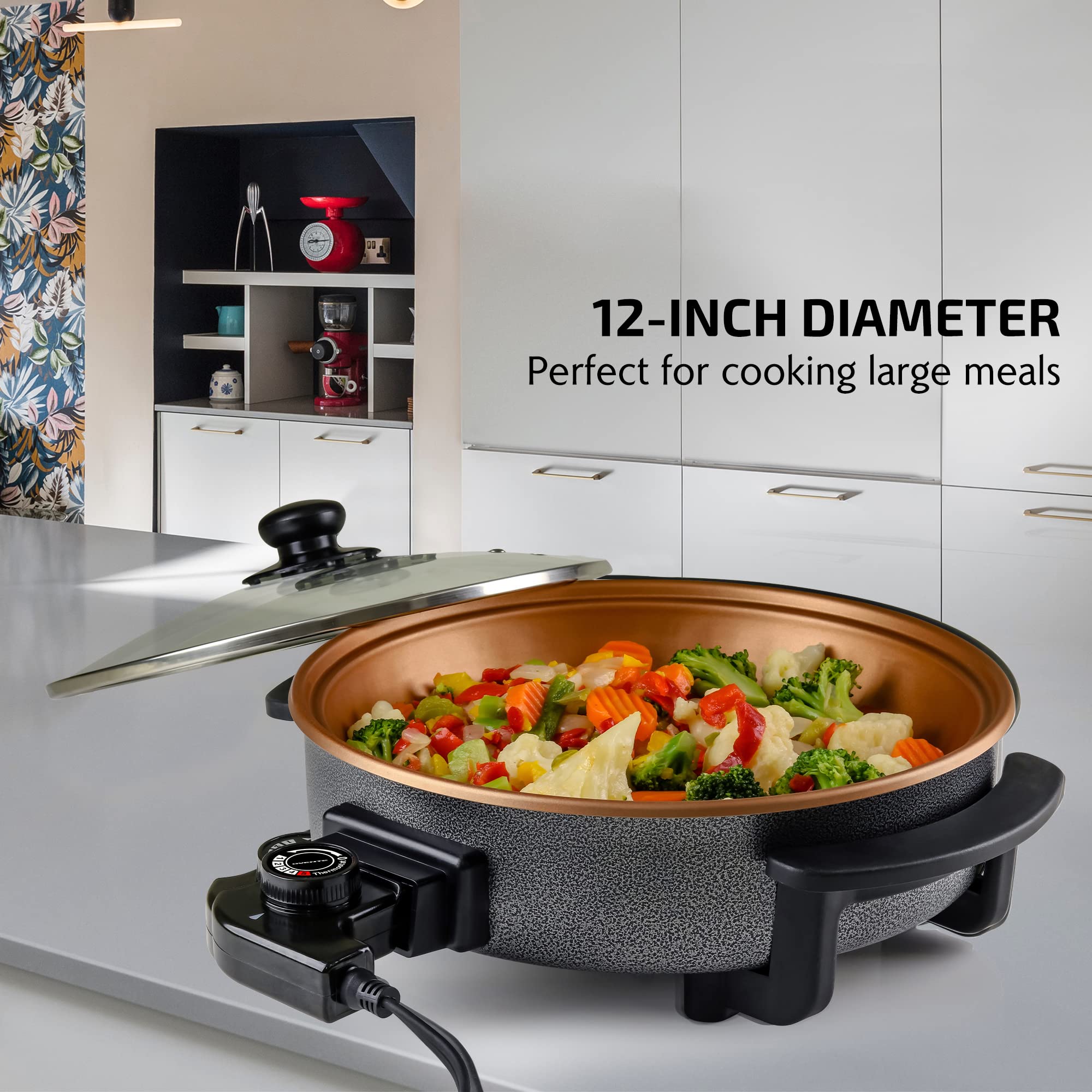 Ovente 12 Inch Electric Skillet And Frying Pan With Nonstick Coating, 1400W Power, Adjustable Temperature Control, Tempered Glas