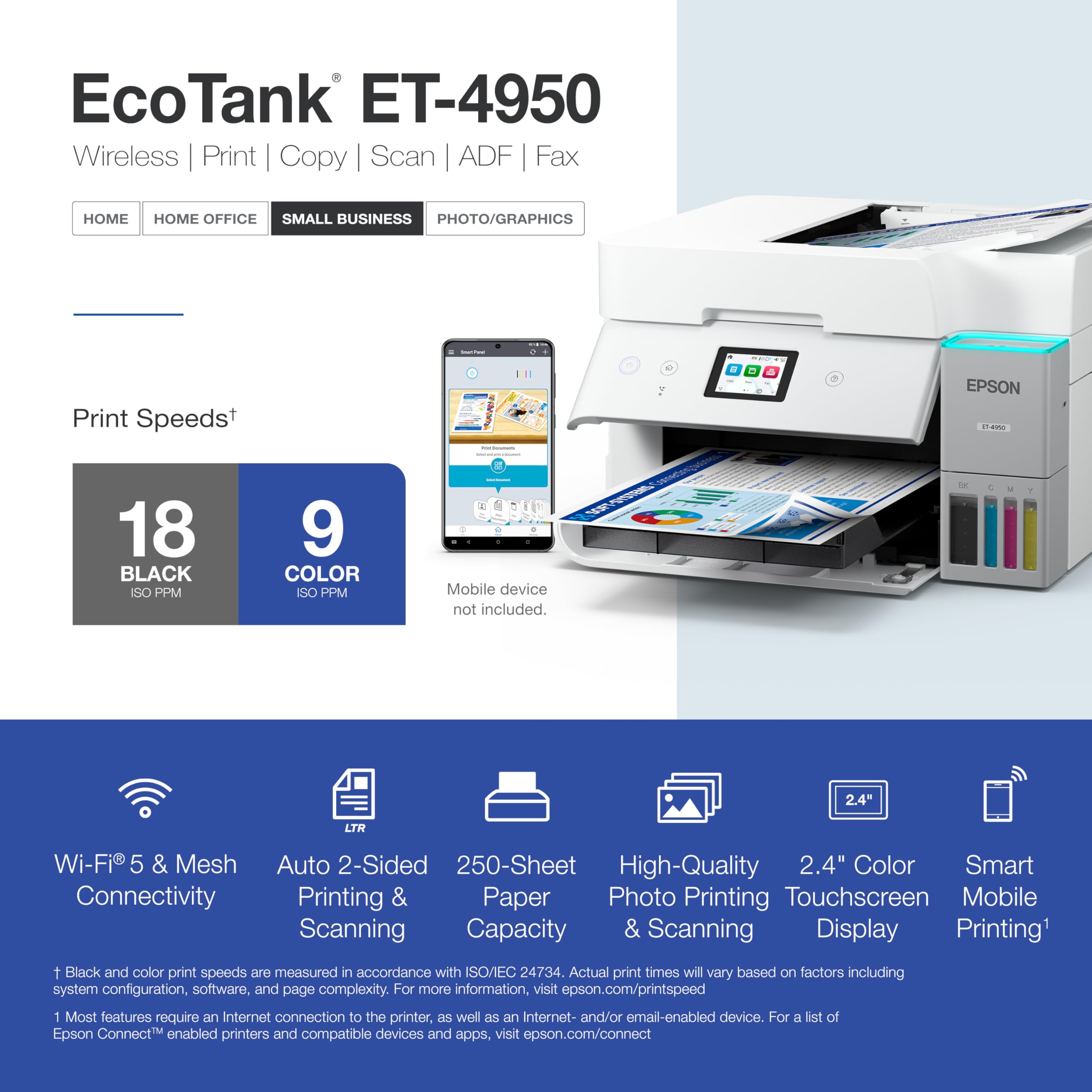 Epson Ecotank Et-4950 Wireless All-In-One Color Supertank Printer With Up To 3 Years Of Ink, Refillable Tanks, Perfect For Offic