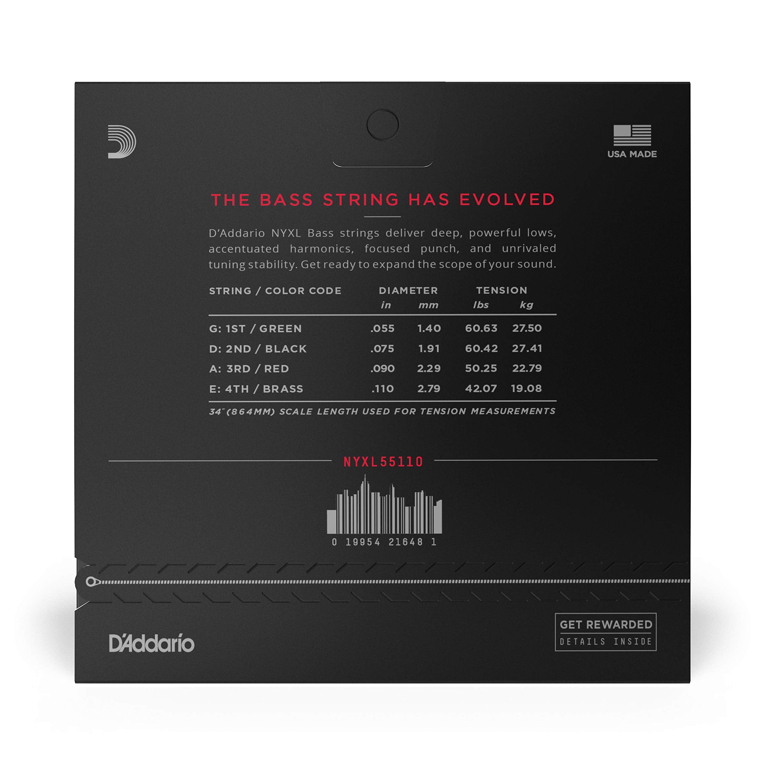 D'Addario Bass Guitar Strings   Nyxl Bass Strings   Nyxl55110   Unrivaled Strength, Tuning Stability, Enhanced Response   For 4