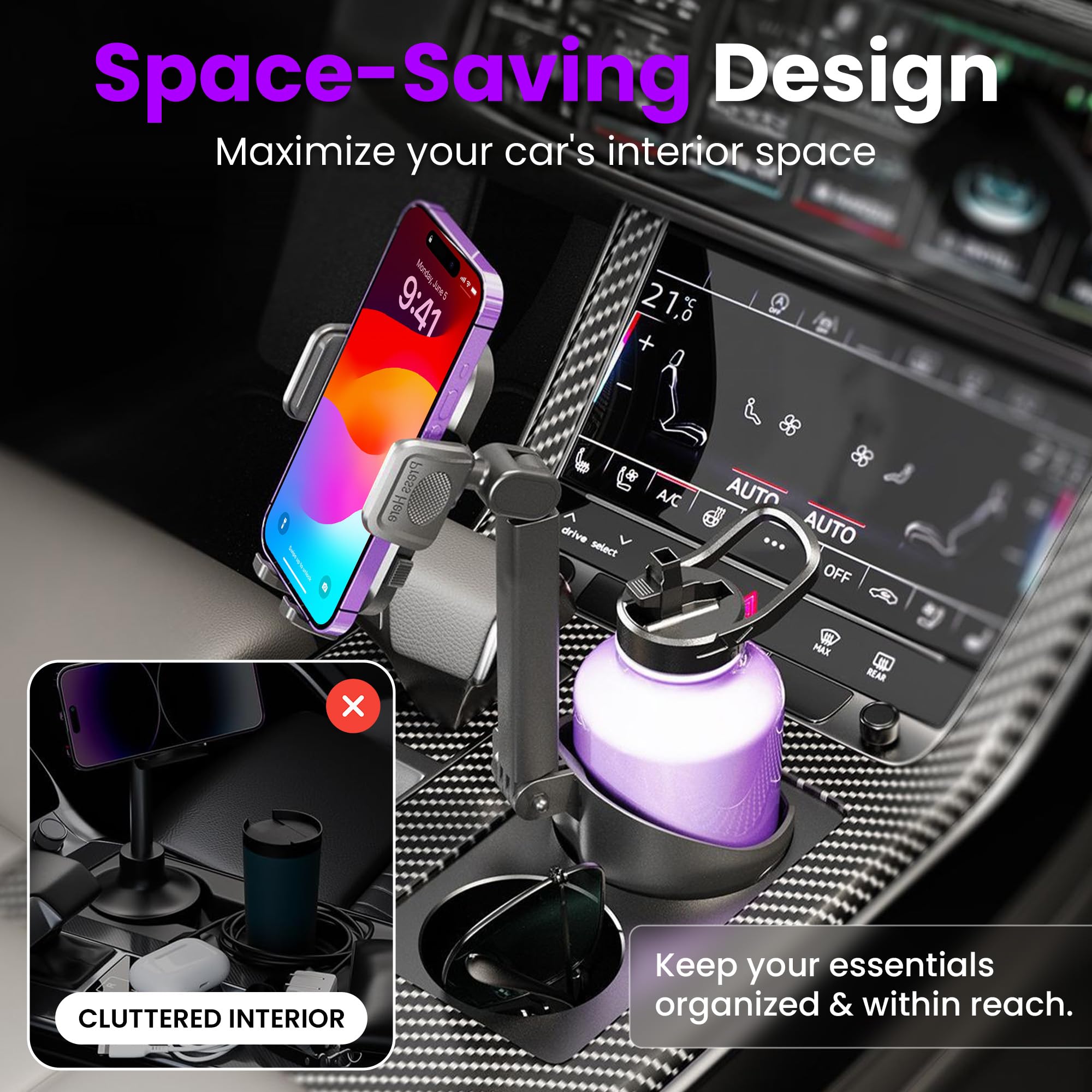 2-In-1 Cup Holder Phone Holder For Your Car Bottle Friendly Cup Cell Phone Holder Mount For Car Height Adjustable Sturdy Fit 4-7