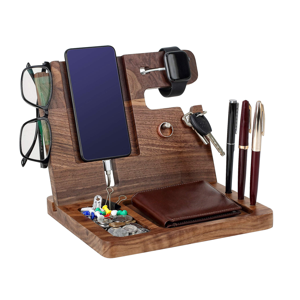 Gifts For Men   Walnut Wood Phone Docking Station   Nightstand With Key Holder, Wallet Stand And Watch Organizer To Boyfriend Hu